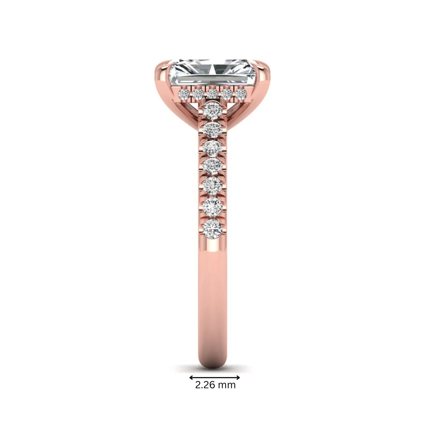 Radiant cut lab grown diamond hidden halo engagement ring with pavé diamond band and cathedral setting in rose gold.