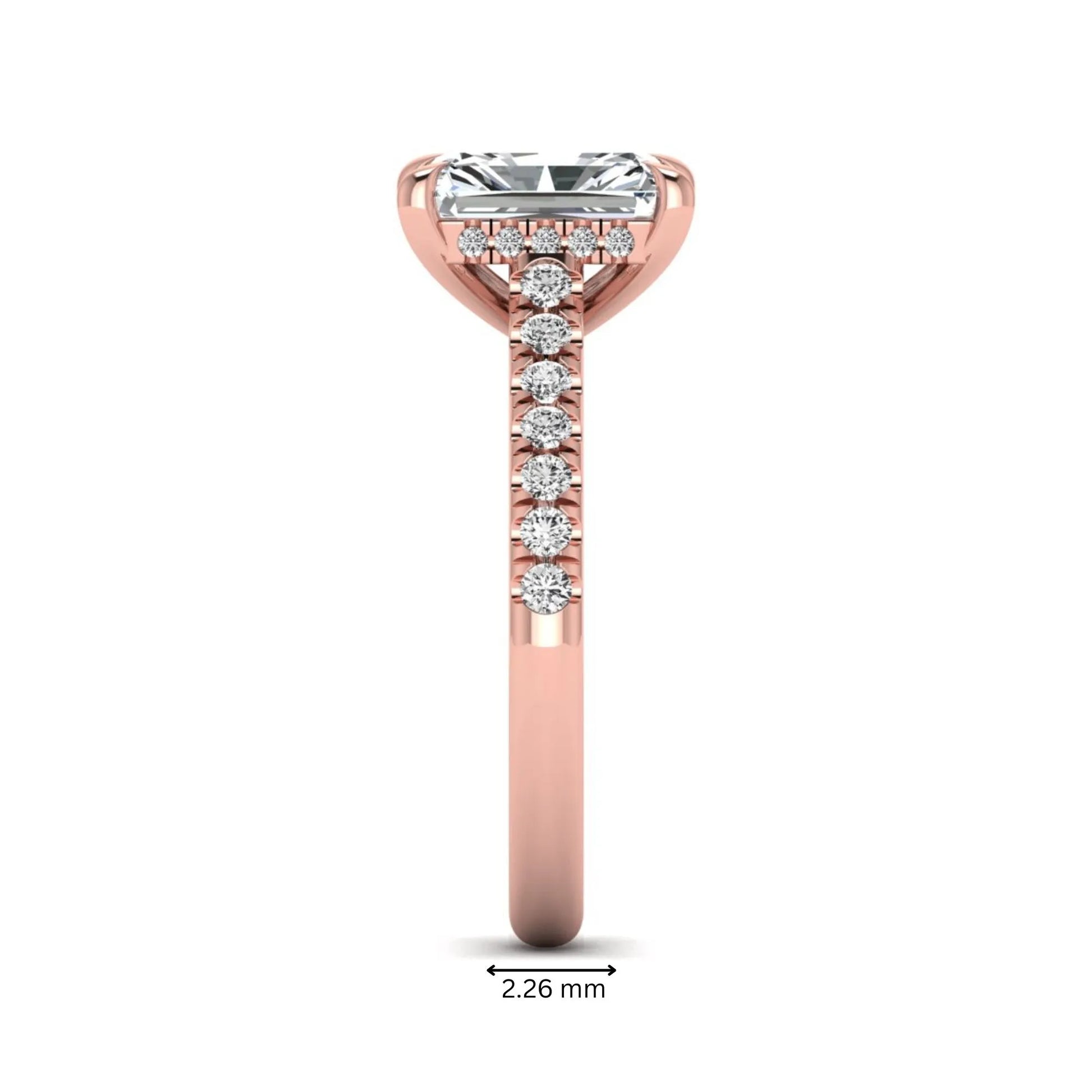 Radiant cut lab grown diamond hidden halo engagement ring with pavé diamond band and cathedral setting in rose gold.