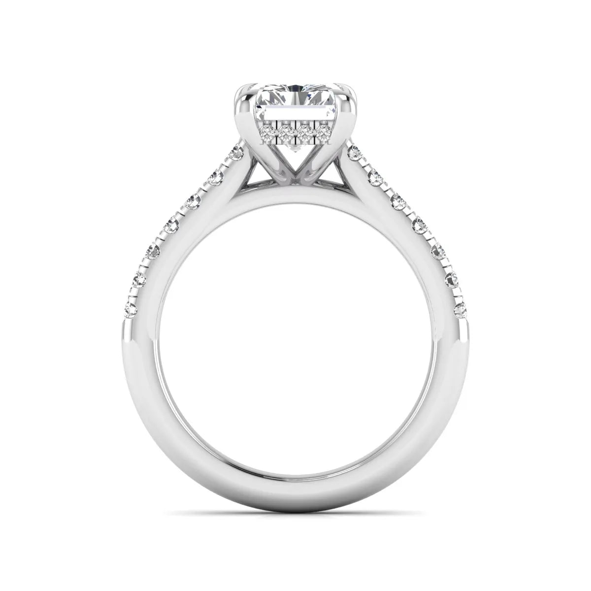 Radiant cut lab grown diamond hidden halo engagement ring with pavé diamond band and cathedral setting in white gold.