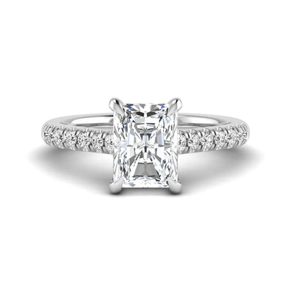 Radiant cut lab grown diamond hidden halo engagement ring with pavé diamond band and cathedral setting in white gold.