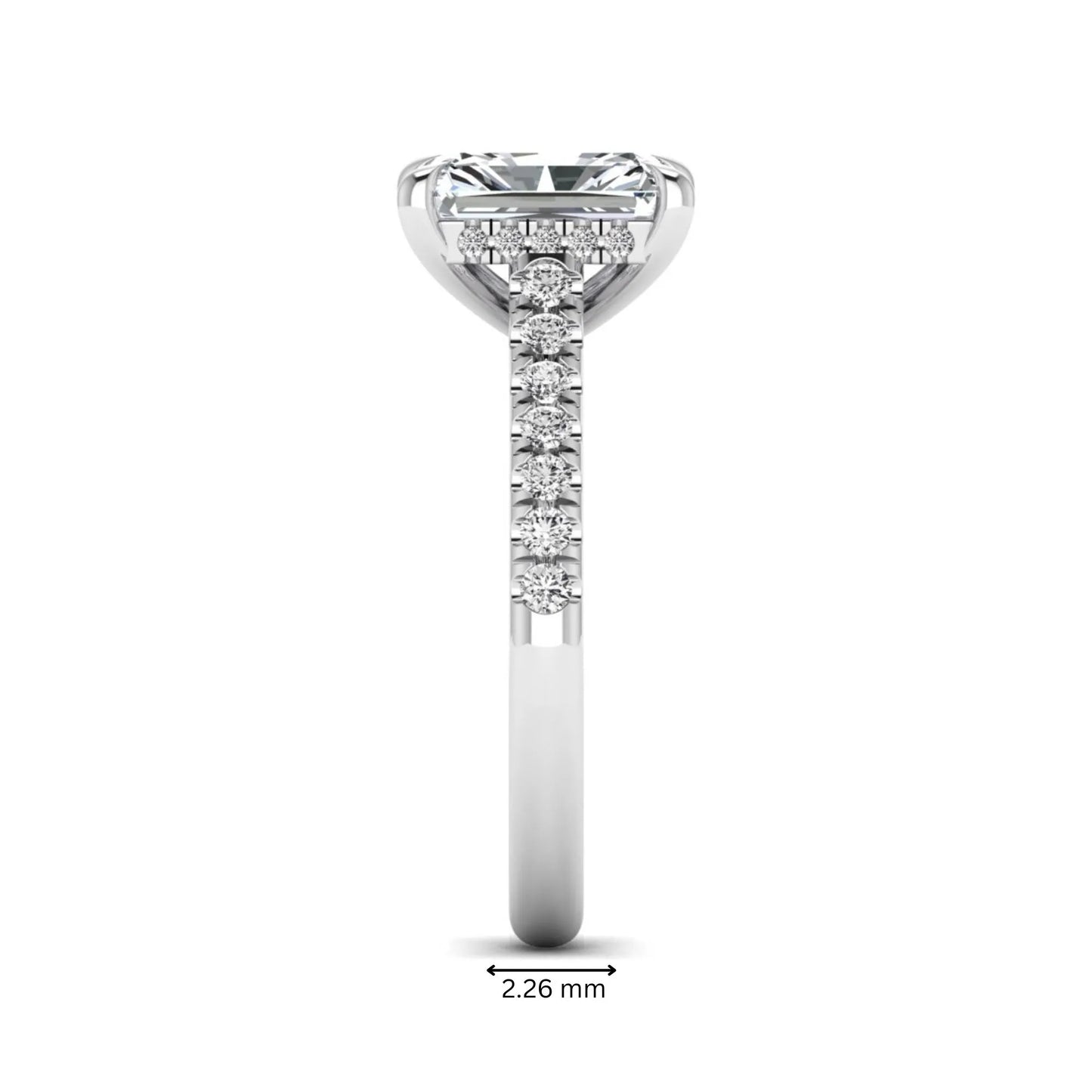 Radiant cut lab grown diamond hidden halo engagement ring with pavé diamond band and cathedral setting in white gold.