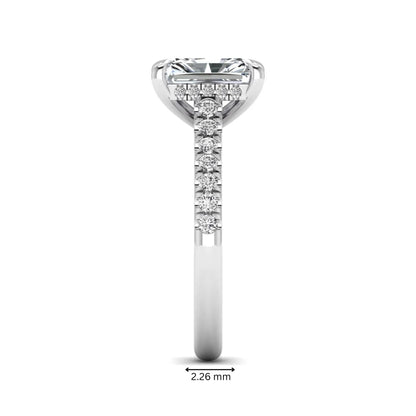 Radiant cut lab grown diamond hidden halo engagement ring with pavé diamond band and cathedral setting in white gold.