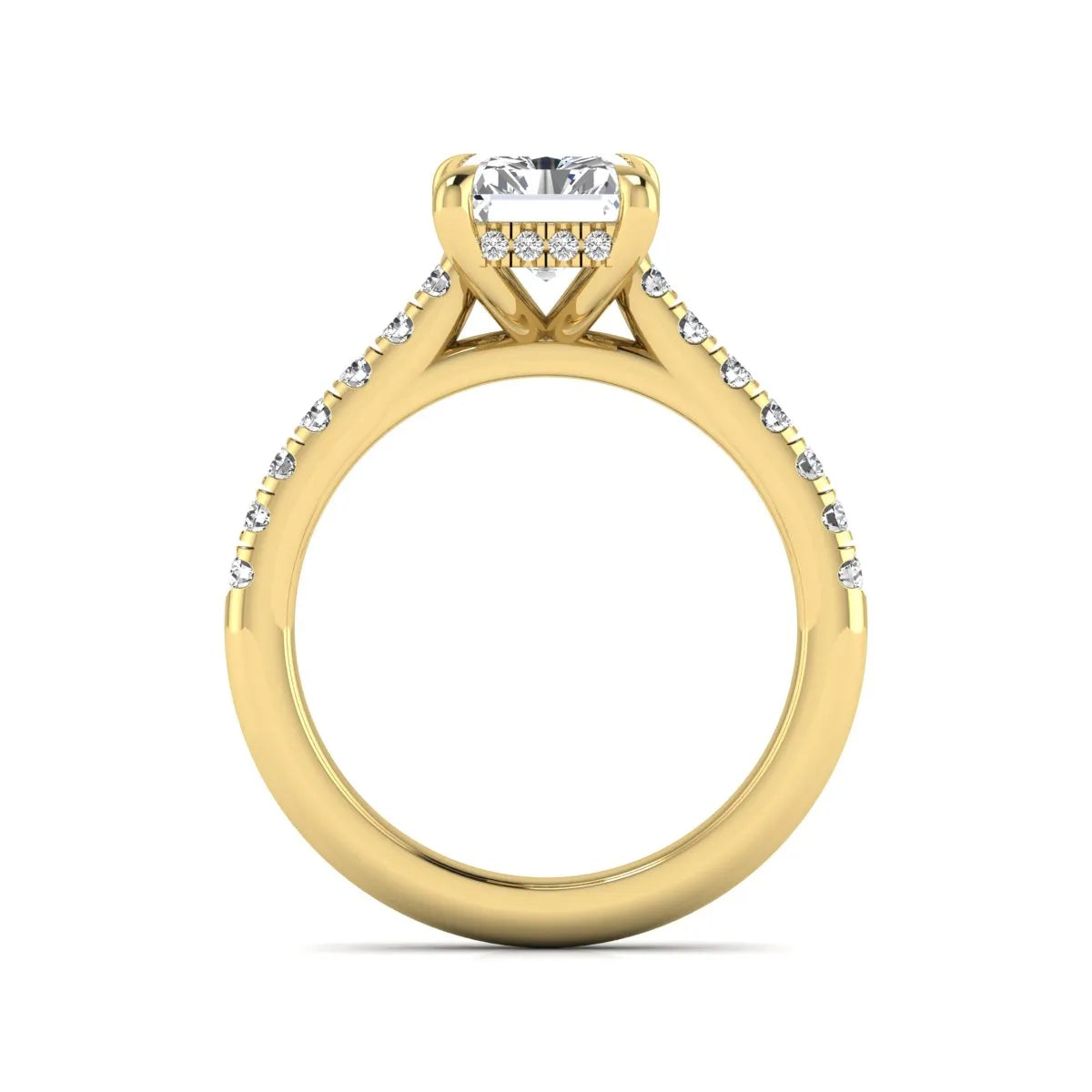 Radiant cut lab grown diamond hidden halo engagement ring with pavé diamond band and cathedral setting in yellow gold.