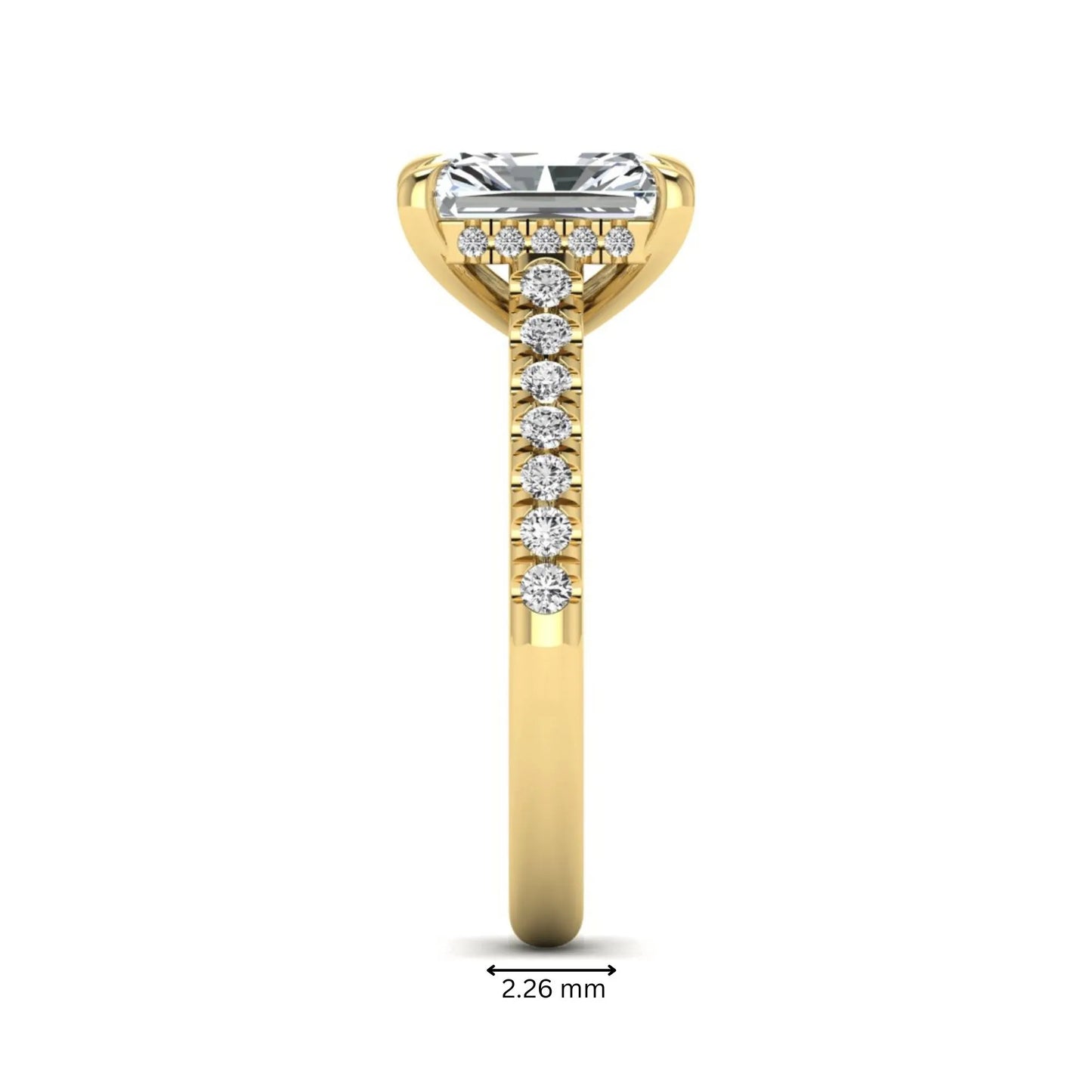 Radiant cut lab grown diamond hidden halo engagement ring with pavé diamond band and cathedral setting in yellow gold.