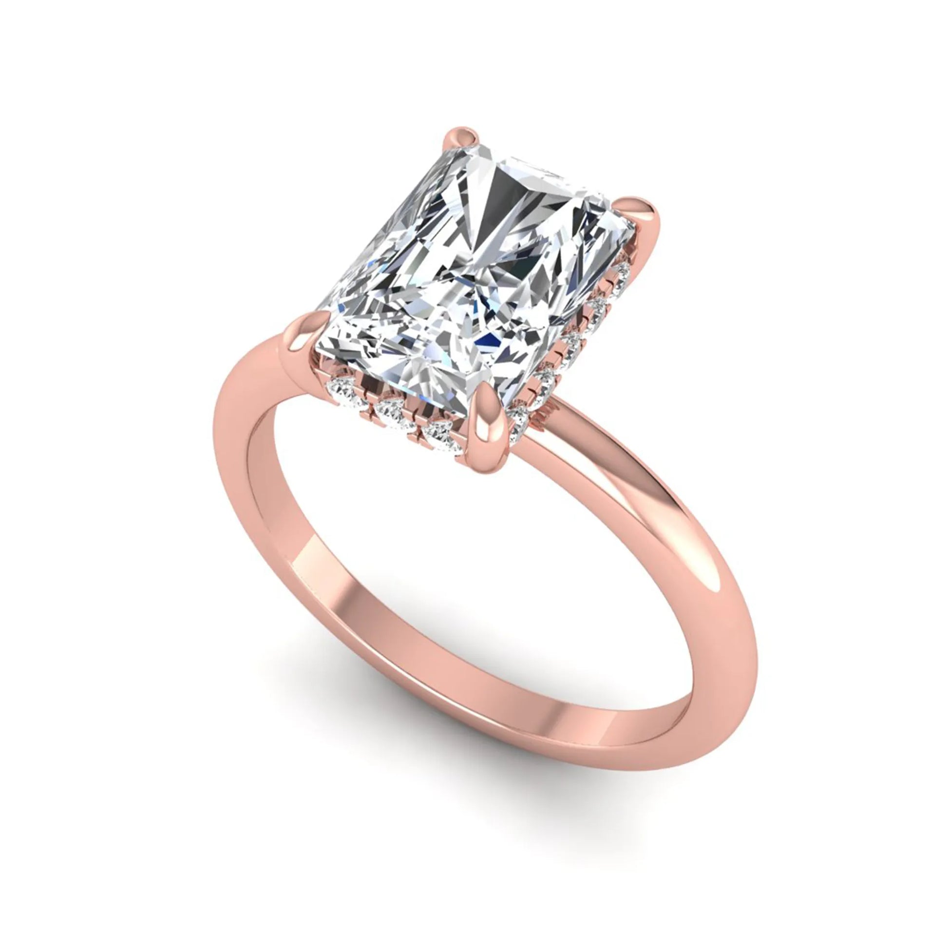IGI certified radiant cut lab grown diamond hidden halo solitaire engagement ring in rose gold with a four-prong setting.