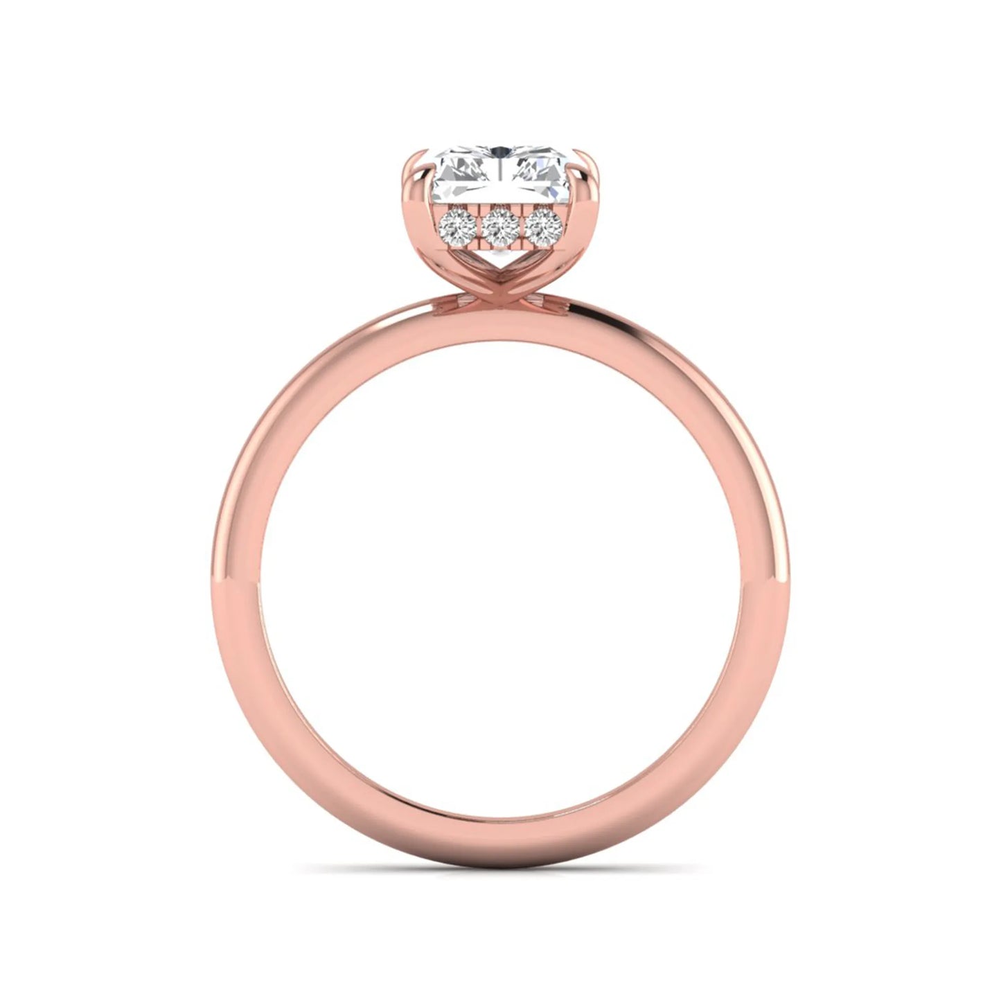 IGI certified radiant cut lab grown diamond hidden halo solitaire engagement ring in rose gold with a four-prong setting.