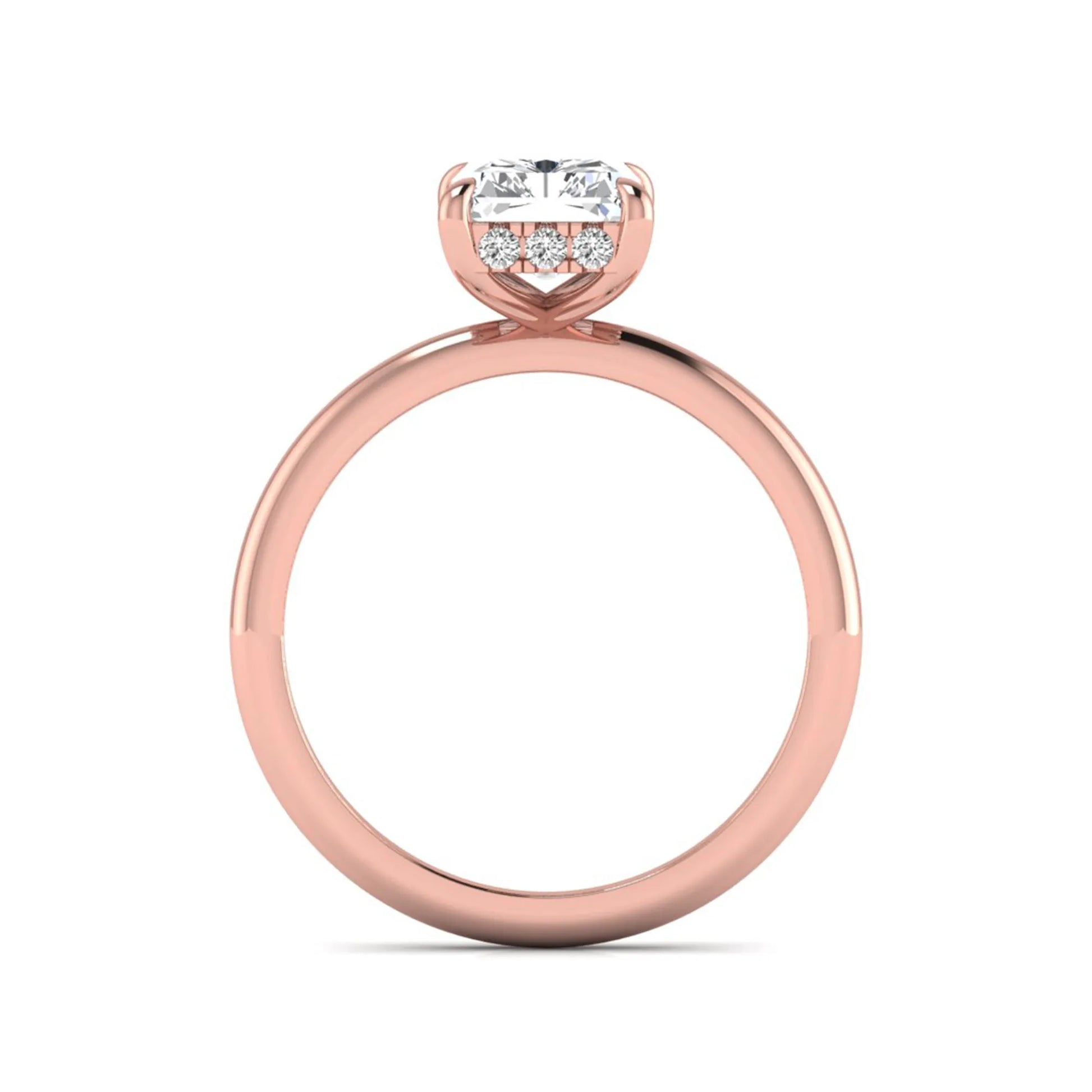 IGI certified radiant cut lab grown diamond hidden halo solitaire engagement ring in rose gold with a four-prong setting.