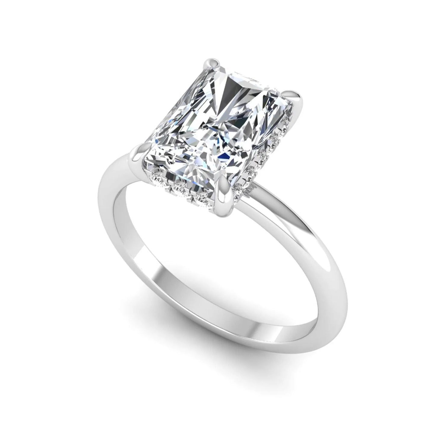IGI certified radiant cut lab grown diamond hidden halo solitaire engagement ring in white gold with a four-prong setting.