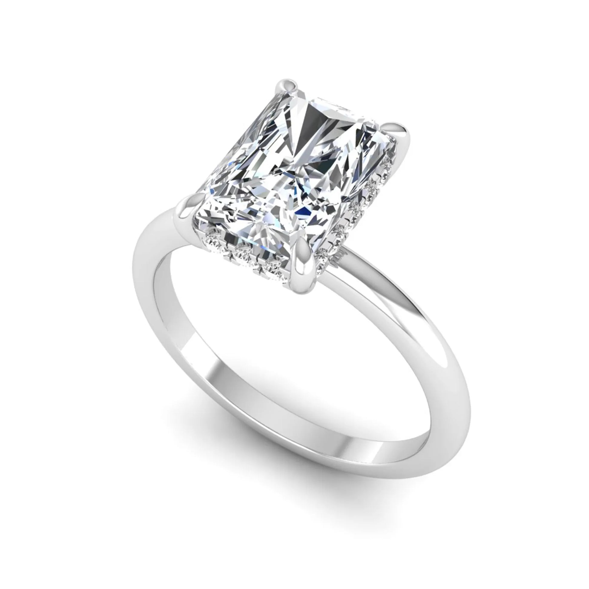 IGI certified radiant cut lab grown diamond hidden halo solitaire engagement ring in white gold with a four-prong setting.