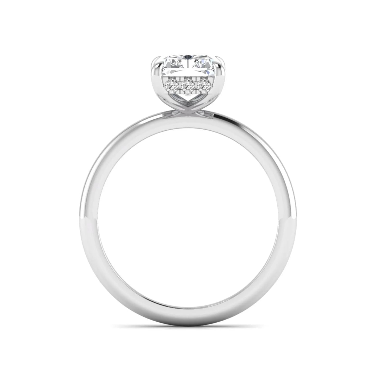 IGI certified radiant cut lab grown diamond hidden halo solitaire engagement ring in white gold with a four-prong setting.