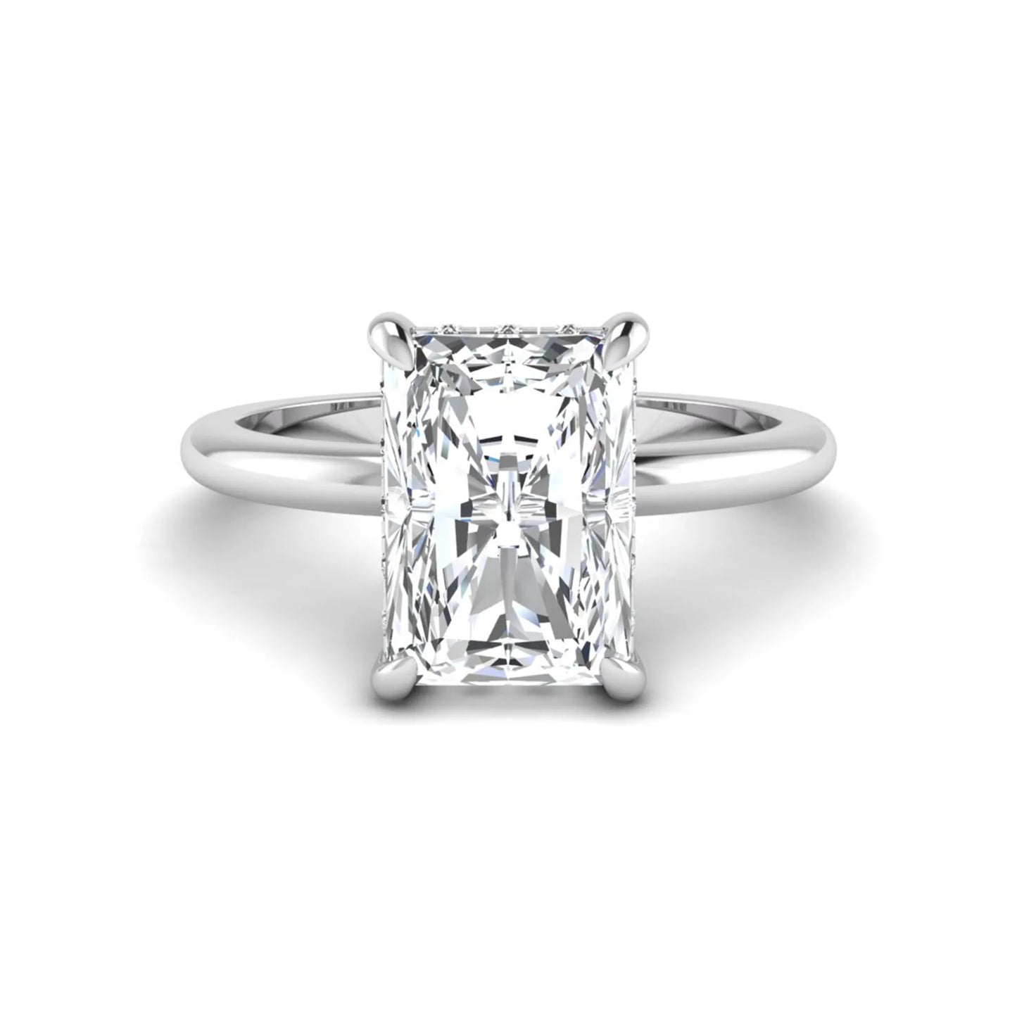 IGI certified radiant cut lab grown diamond hidden halo solitaire engagement ring in white gold with a four-prong setting.