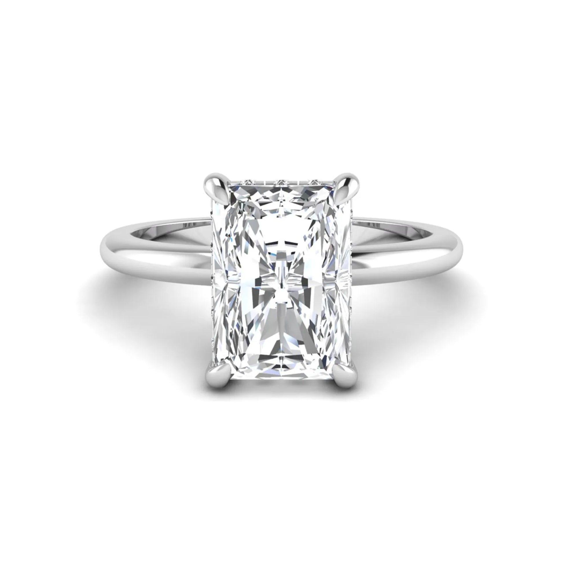 IGI certified radiant cut lab grown diamond hidden halo solitaire engagement ring in white gold with a four-prong setting.