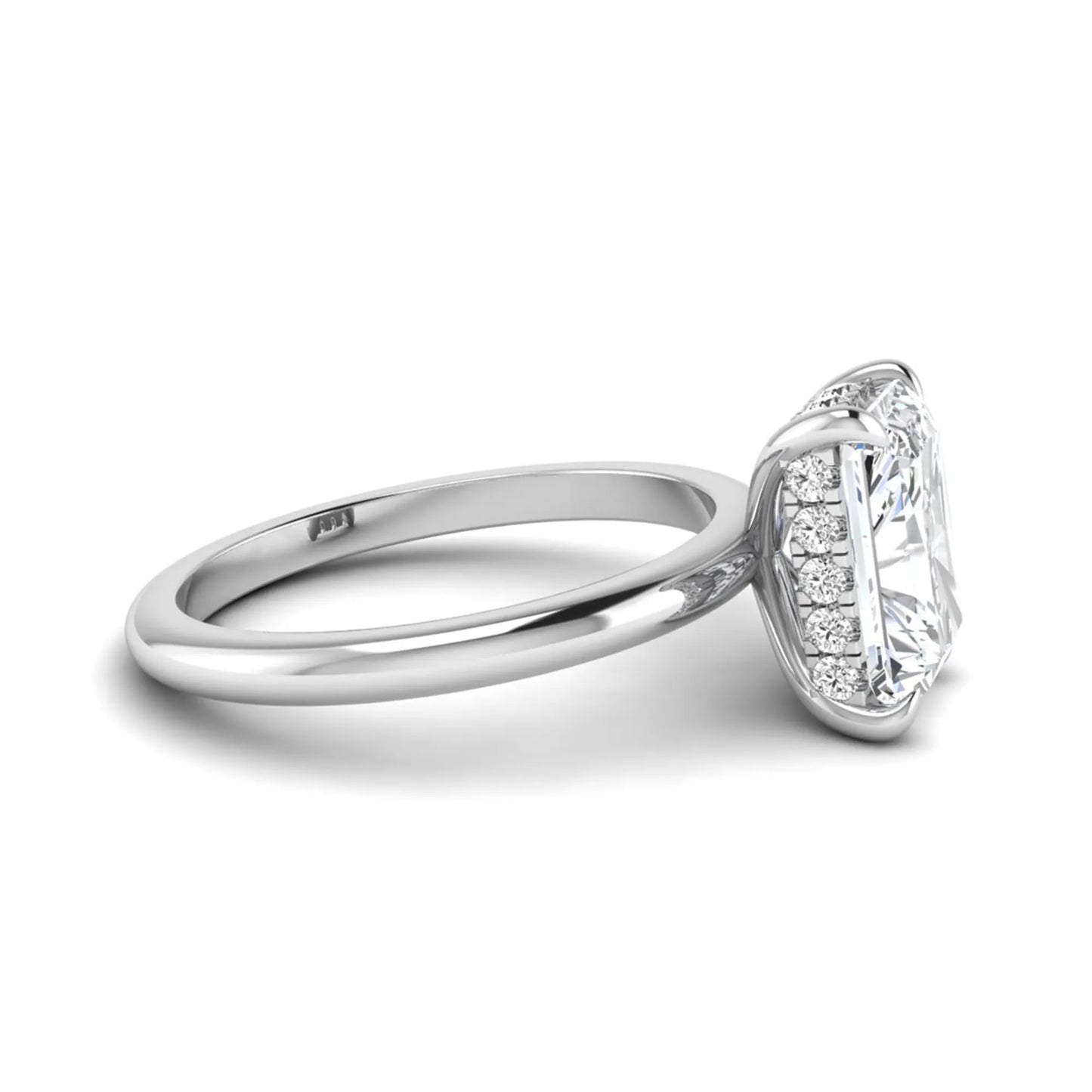 IGI certified radiant cut lab grown diamond hidden halo solitaire engagement ring in white gold with a four-prong setting.