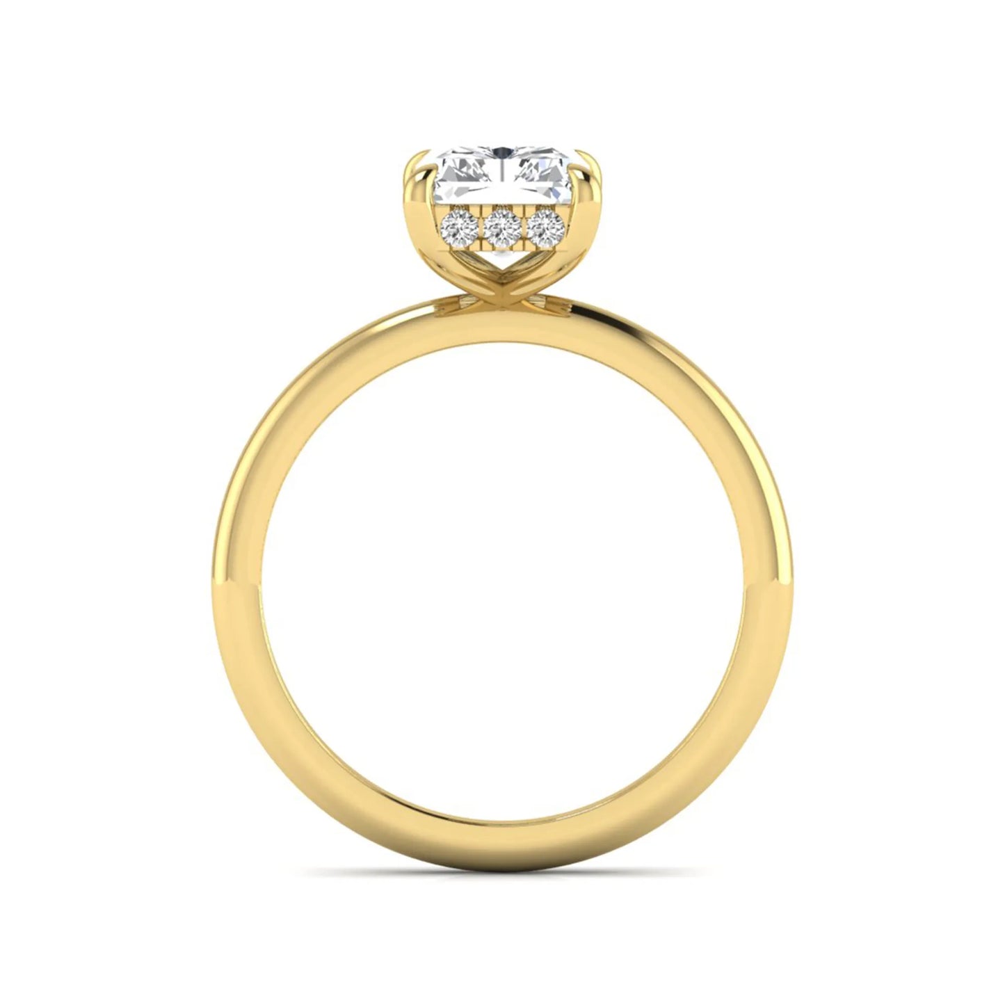 IGI certified radiant cut lab grown diamond hidden halo solitaire engagement ring in yellow gold with a four-prong setting.