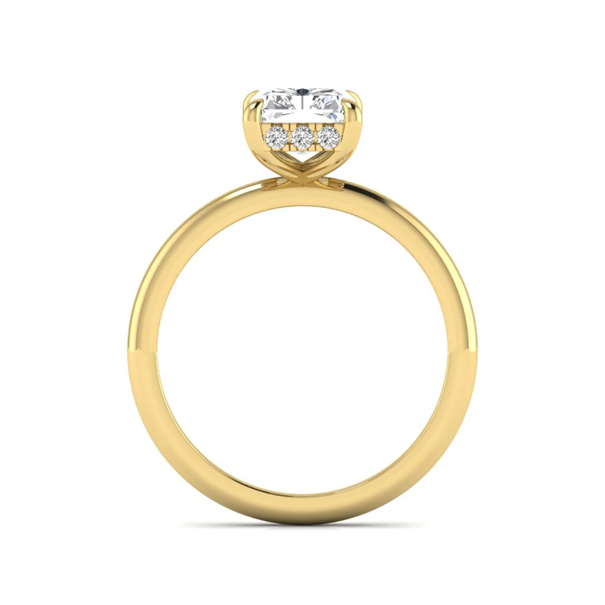 IGI certified radiant cut lab grown diamond hidden halo solitaire engagement ring in yellow gold with a four-prong setting.