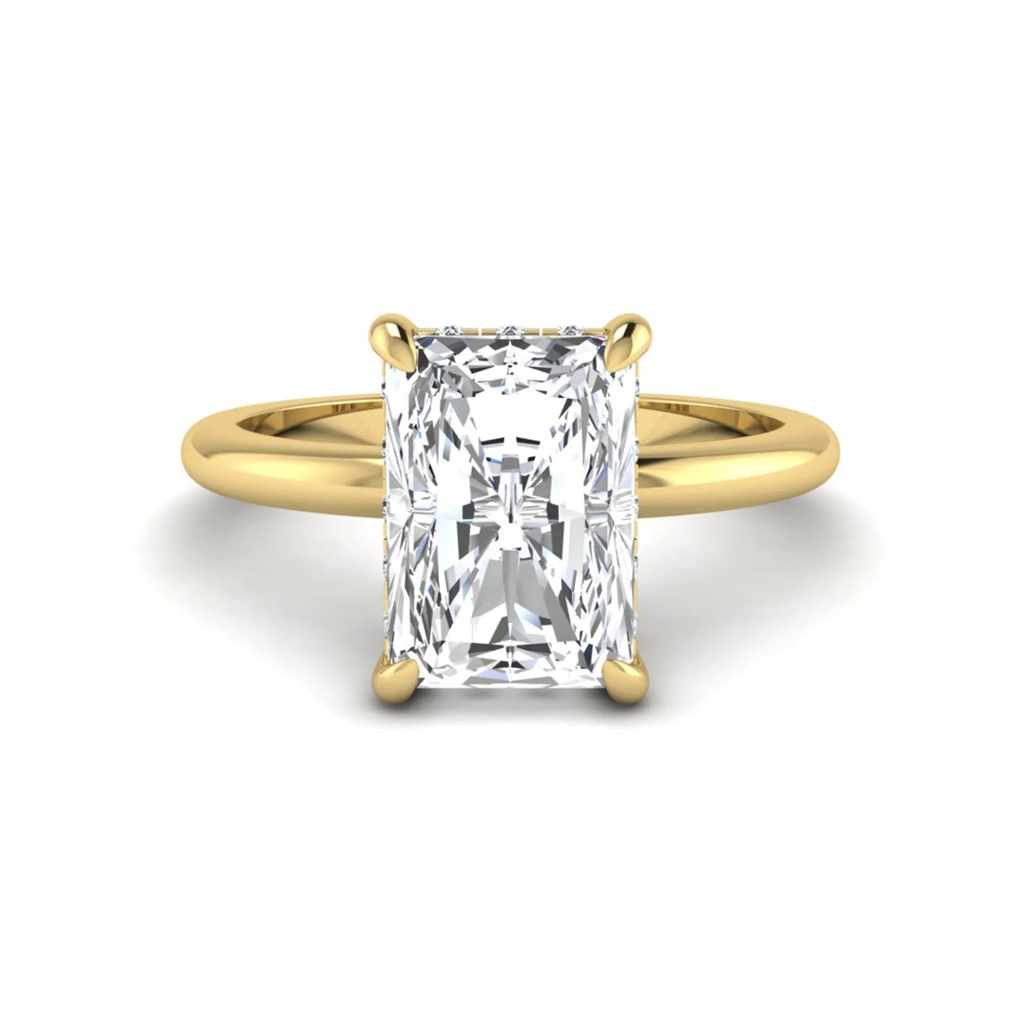 IGI certified radiant cut lab grown diamond hidden halo solitaire engagement ring in yellow gold with a four-prong setting.