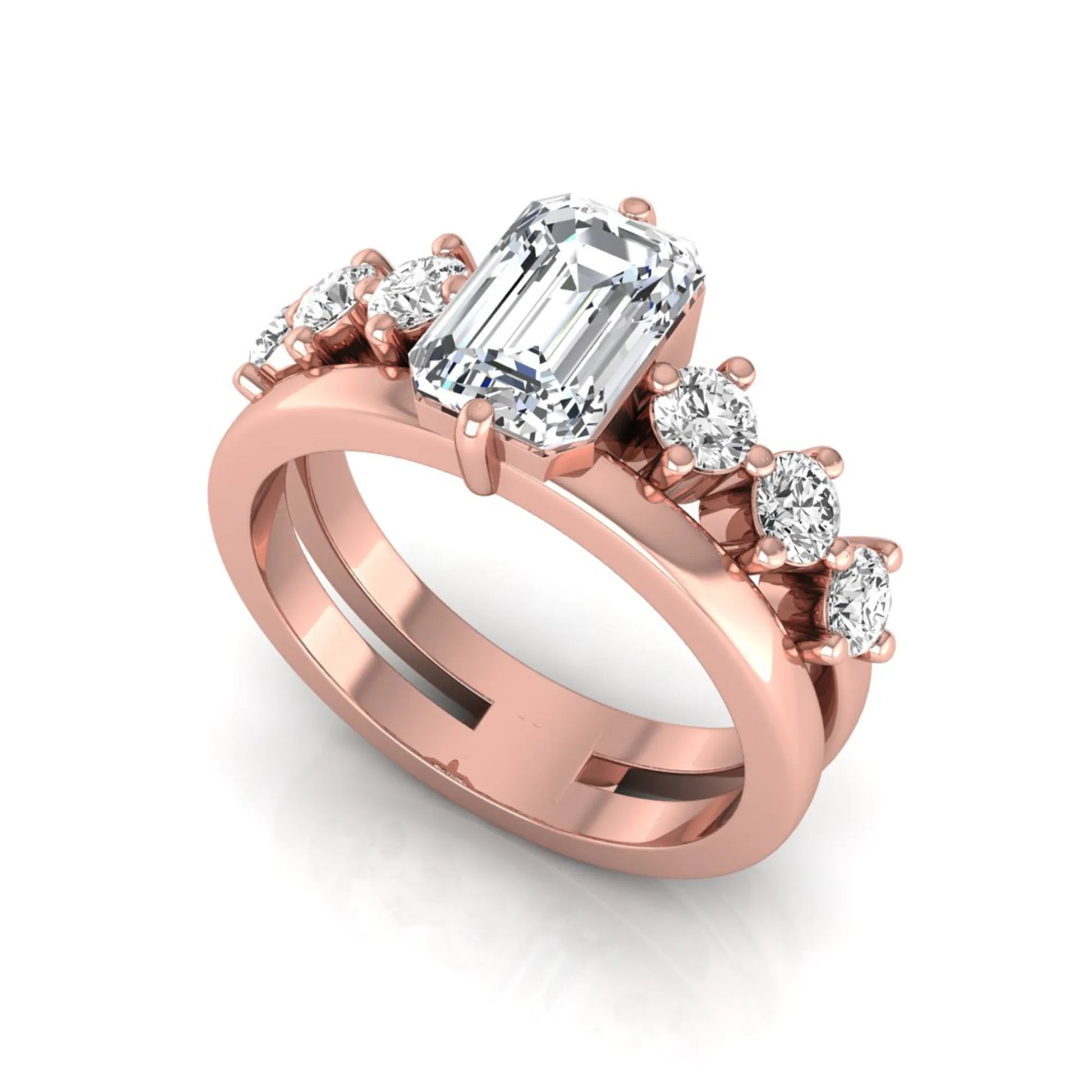 rose gold Radiant cut lab grown diamond engagement ring with round side stone accents