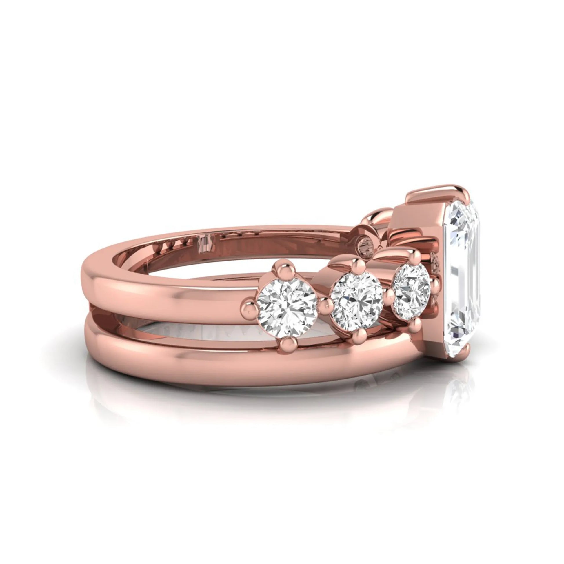 rose gold Radiant cut lab grown diamond engagement ring with round side stone accents