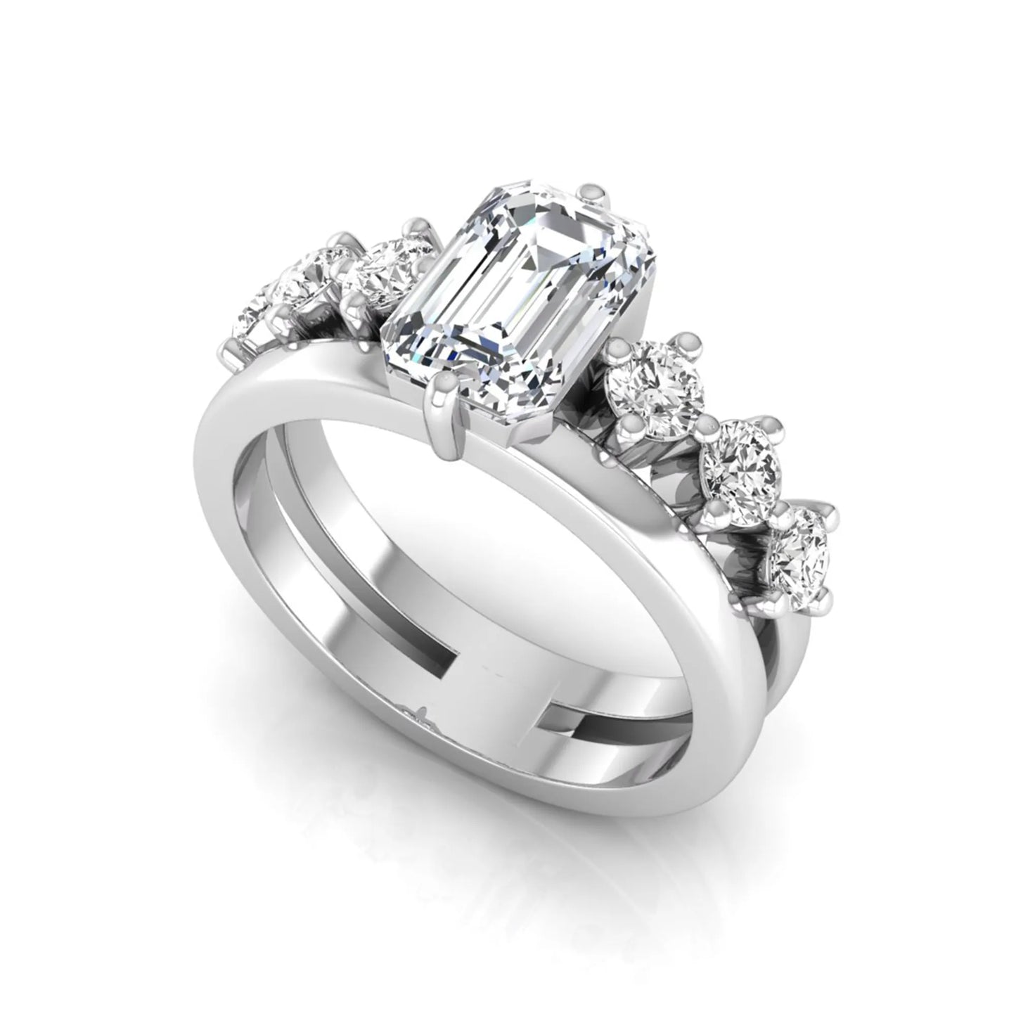 white gold Radiant cut lab grown diamond engagement ring with round side stone accents