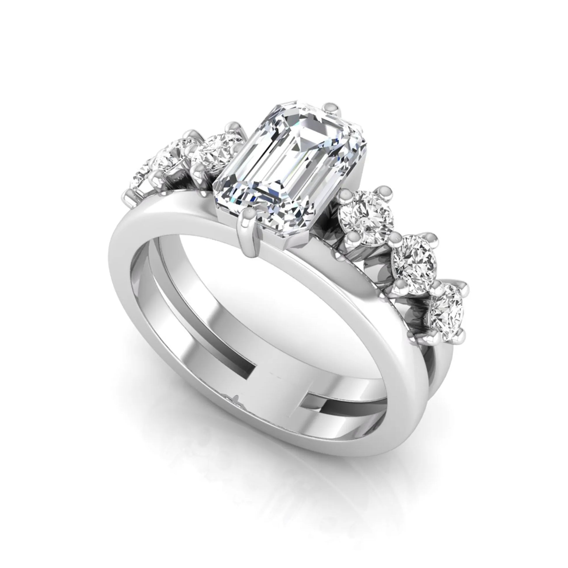 white gold Radiant cut lab grown diamond engagement ring with round side stone accents