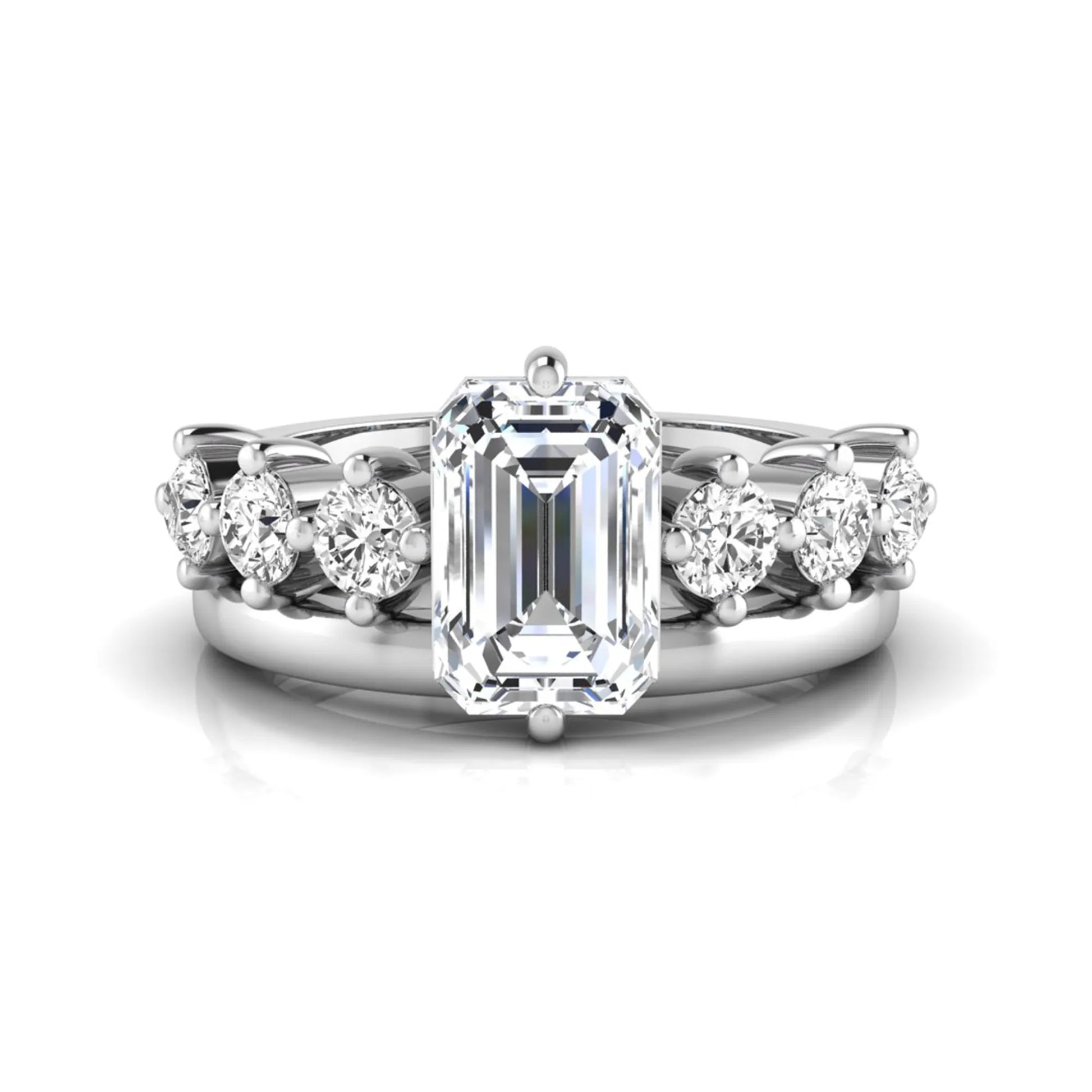 white gold Radiant cut lab grown diamond engagement ring with round side stone accents