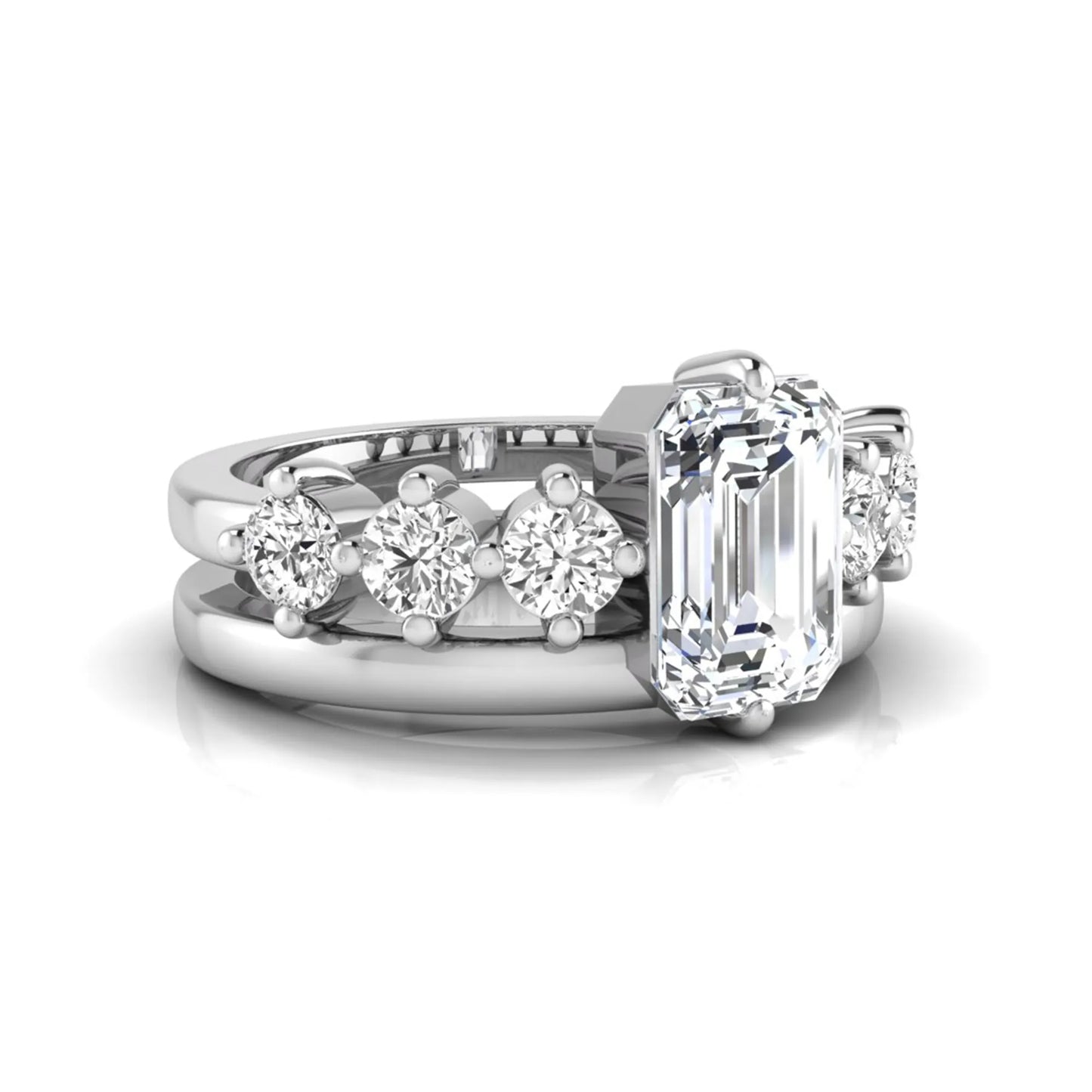 white gold Radiant cut lab grown diamond engagement ring with round side stone accents