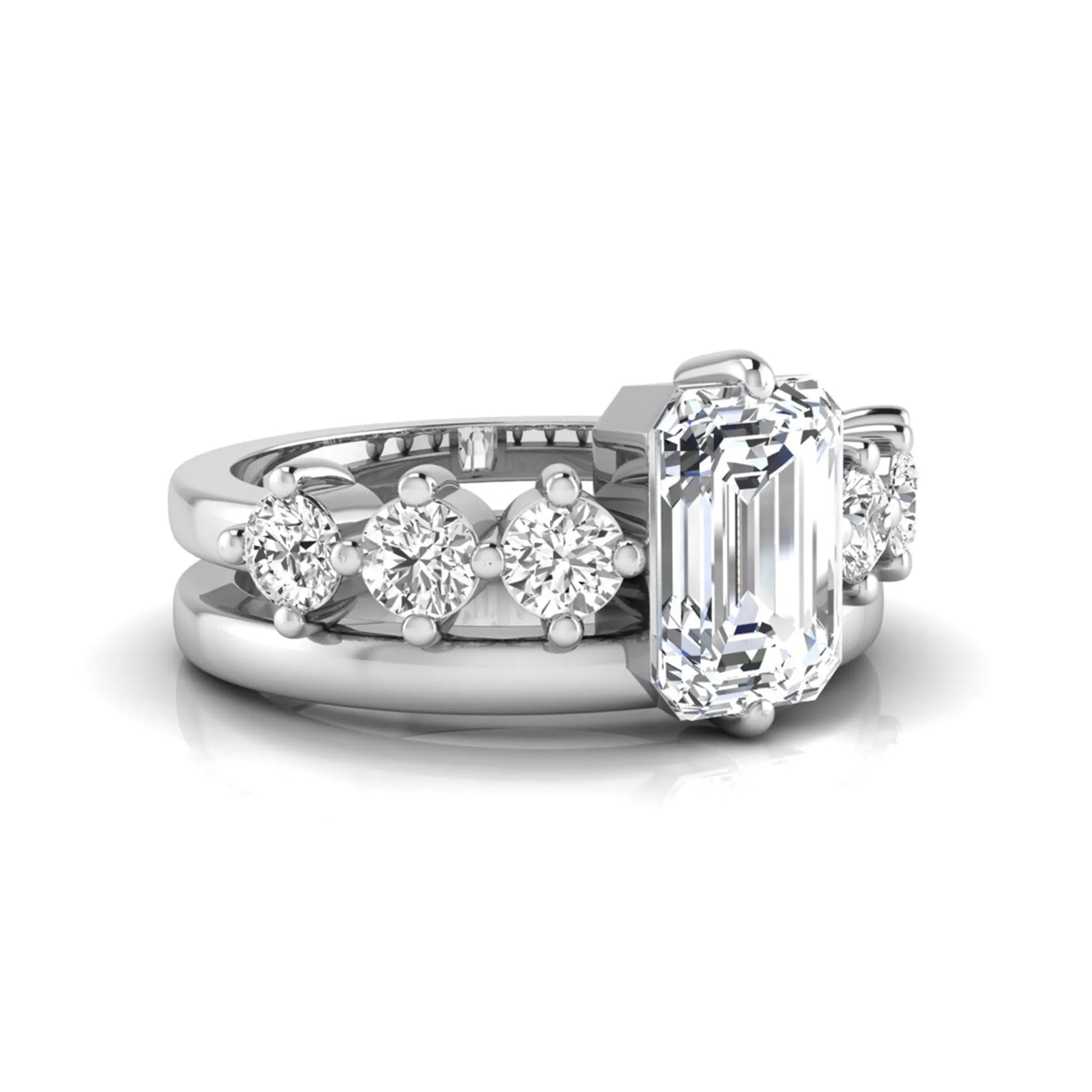 white gold Radiant cut lab grown diamond engagement ring with round side stone accents