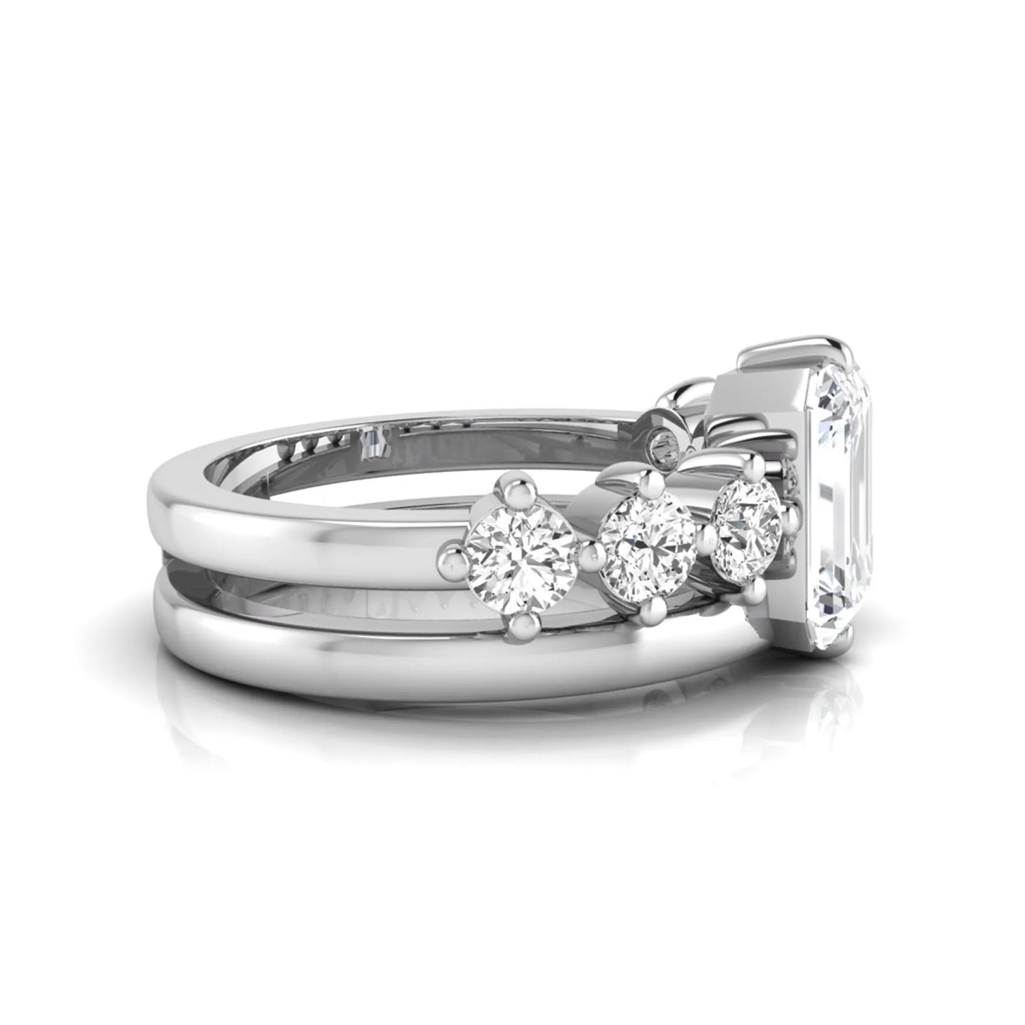 white gold Radiant cut lab grown diamond engagement ring with round side stone accents