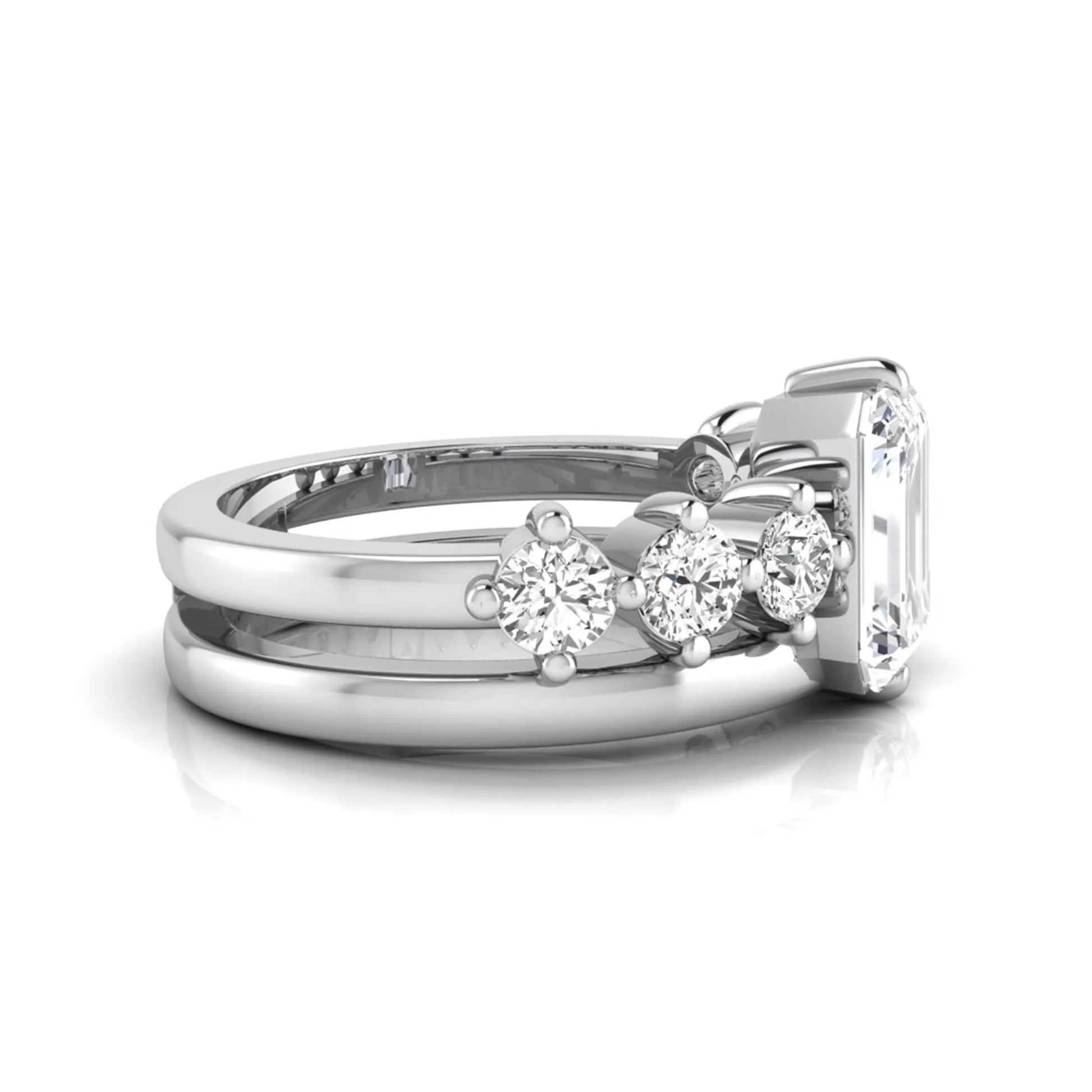 white gold Radiant cut lab grown diamond engagement ring with round side stone accents