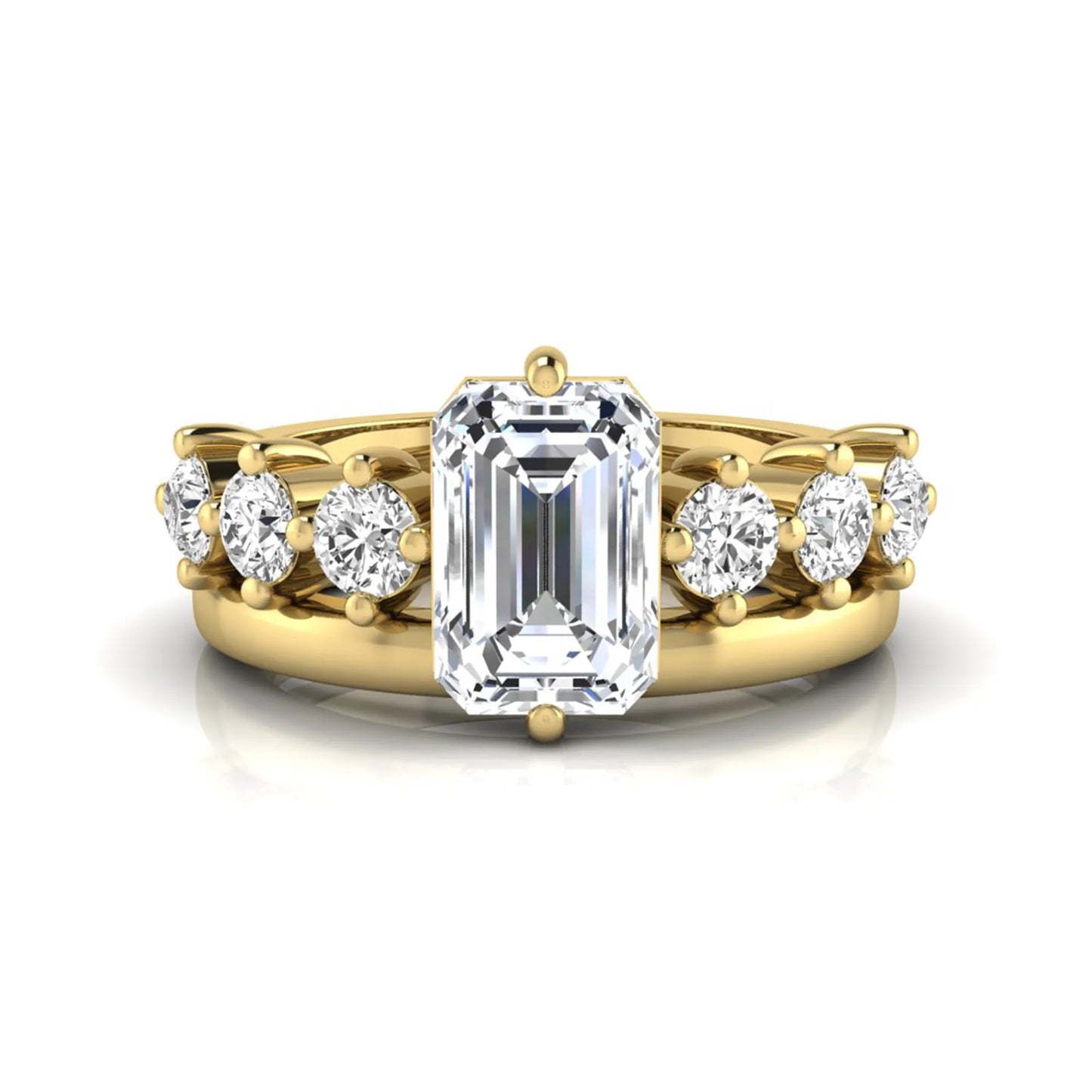 yellow gold Radiant cut lab grown diamond engagement ring with round side stone accents