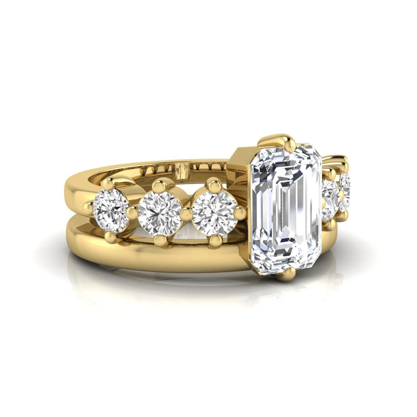 yellow gold Radiant cut lab grown diamond engagement ring with round side stone accents