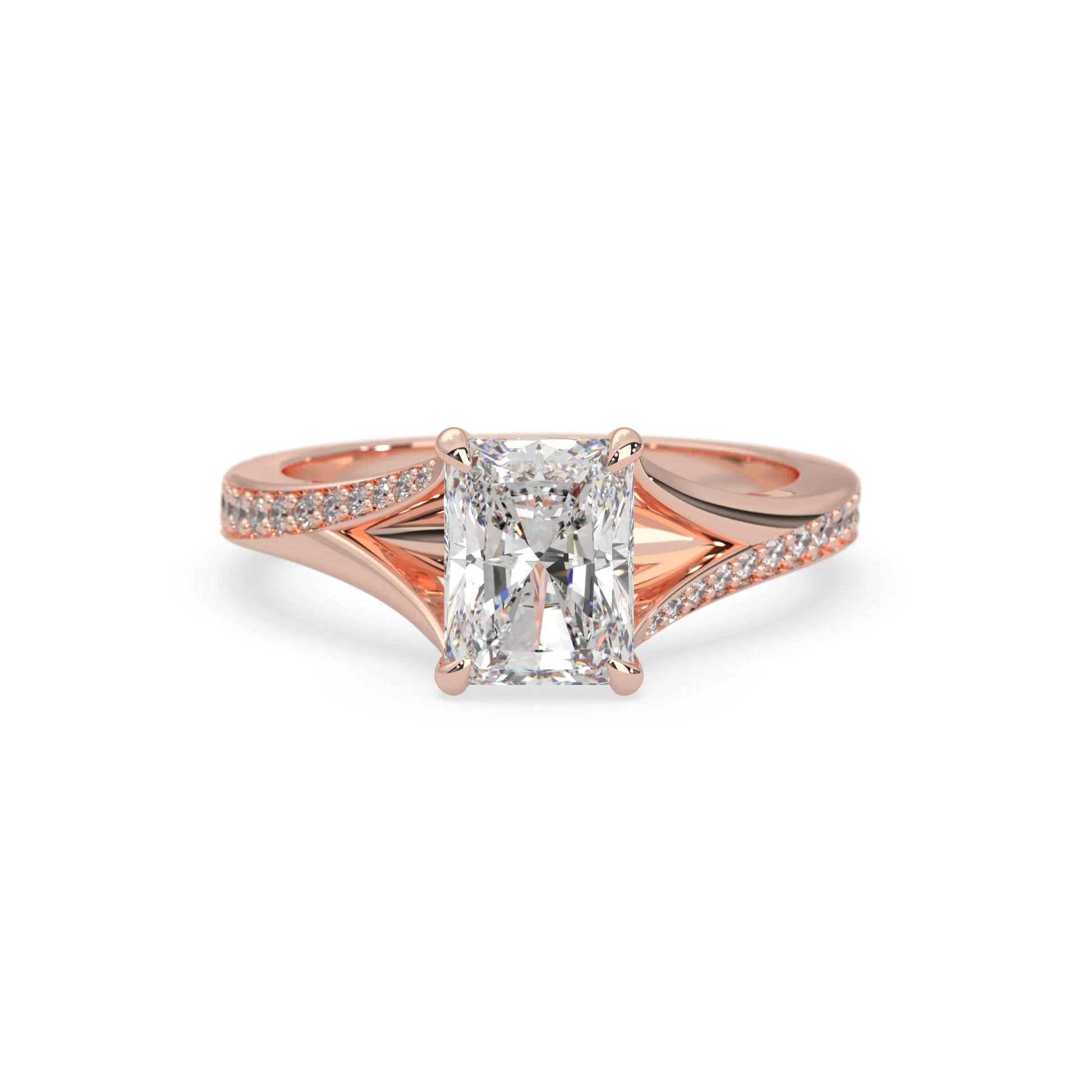 Rose gold ring with an emerald cut lab grown diamond on a white background