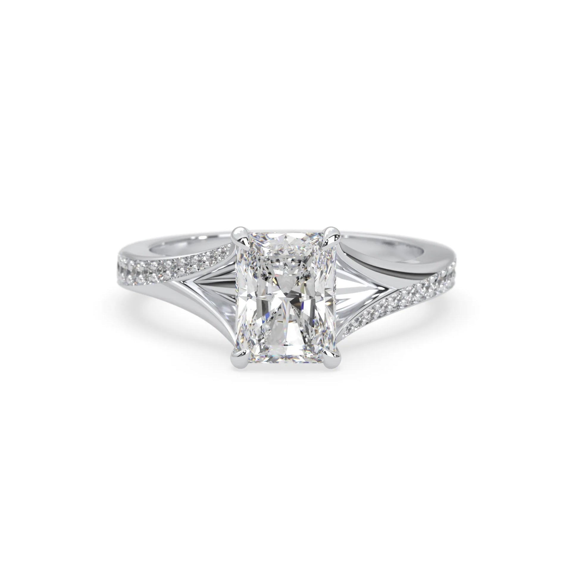 white gold emerald lab grown diamond engagement ring on a white background