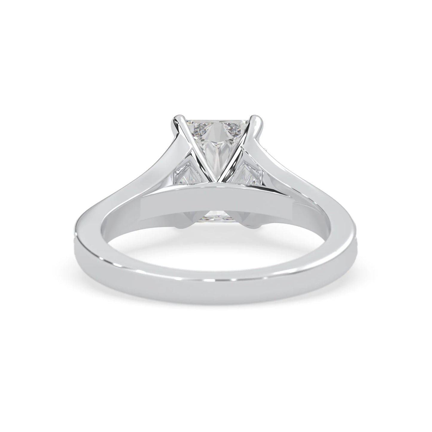 white gold radiant lab grown Diamond ring with a white background