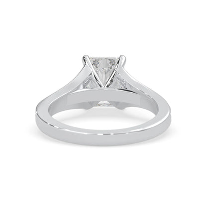 white gold radiant lab grown Diamond ring with a white background