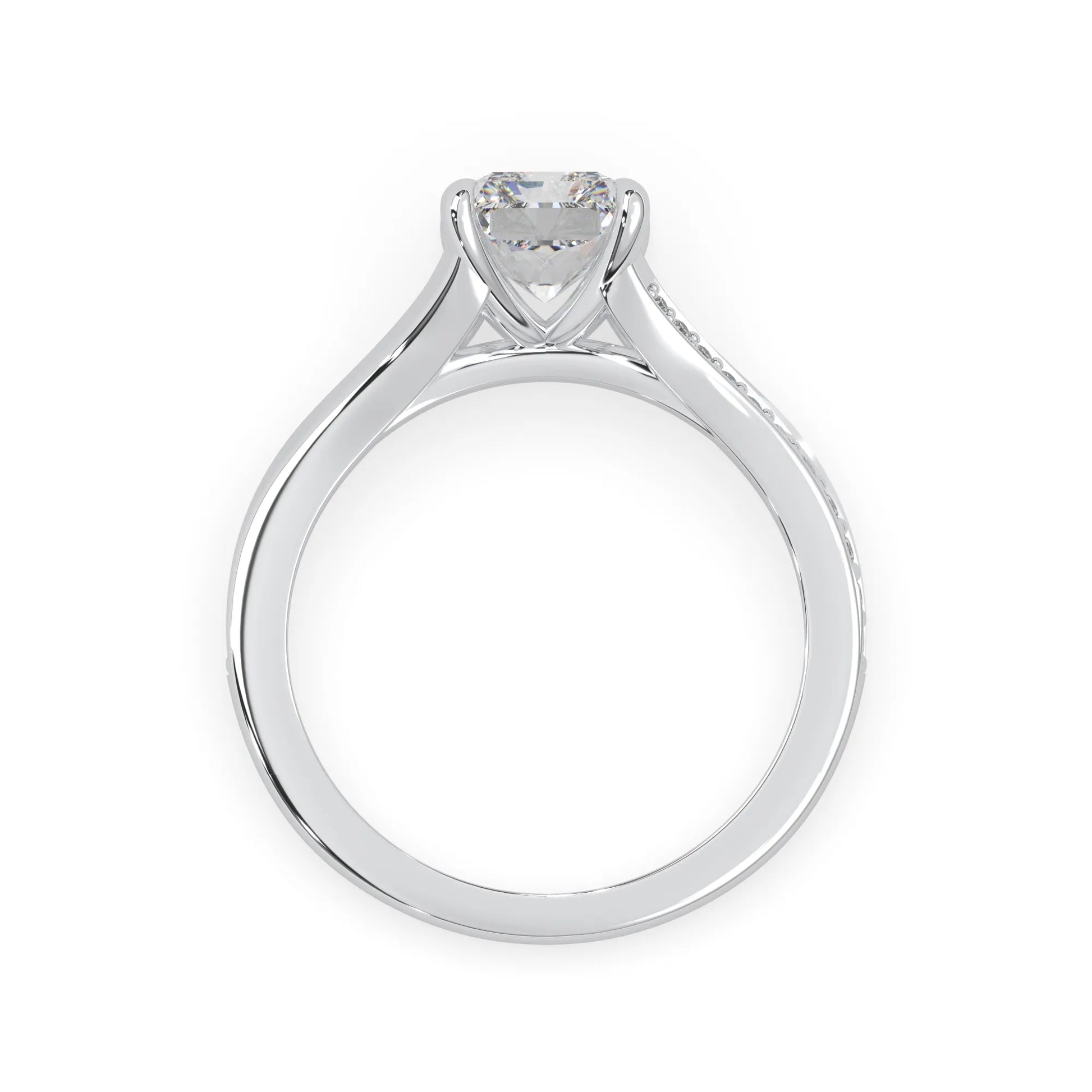 white gold wedding ring with a lab grown diamond on a white background