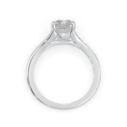 white gold wedding ring with a lab grown diamond on a white background