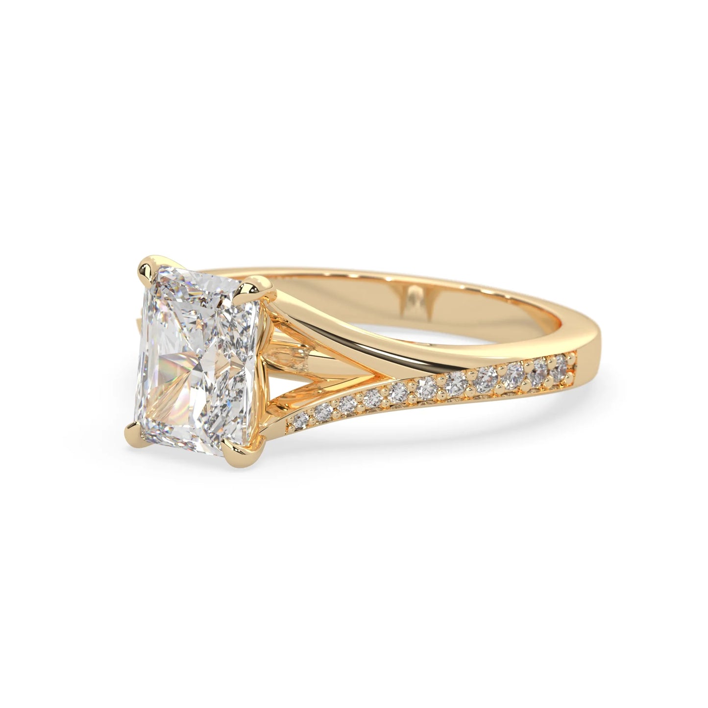 yellow Gold ring with a large lab grown  diamond and smaller diamonds on the band against a white background