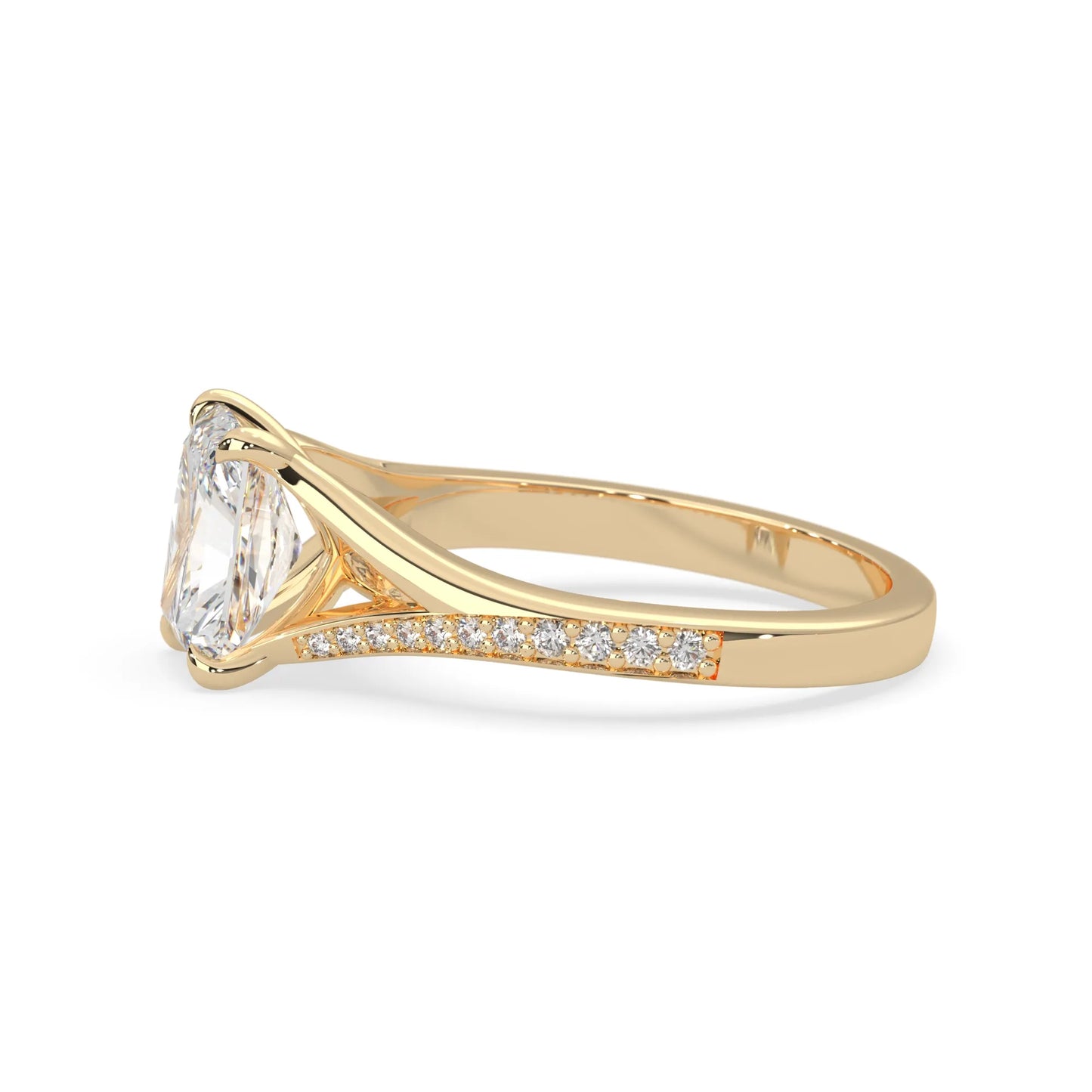 yellow Gold ring with a large lab grown diamond and smaller diamonds on the band against a white background