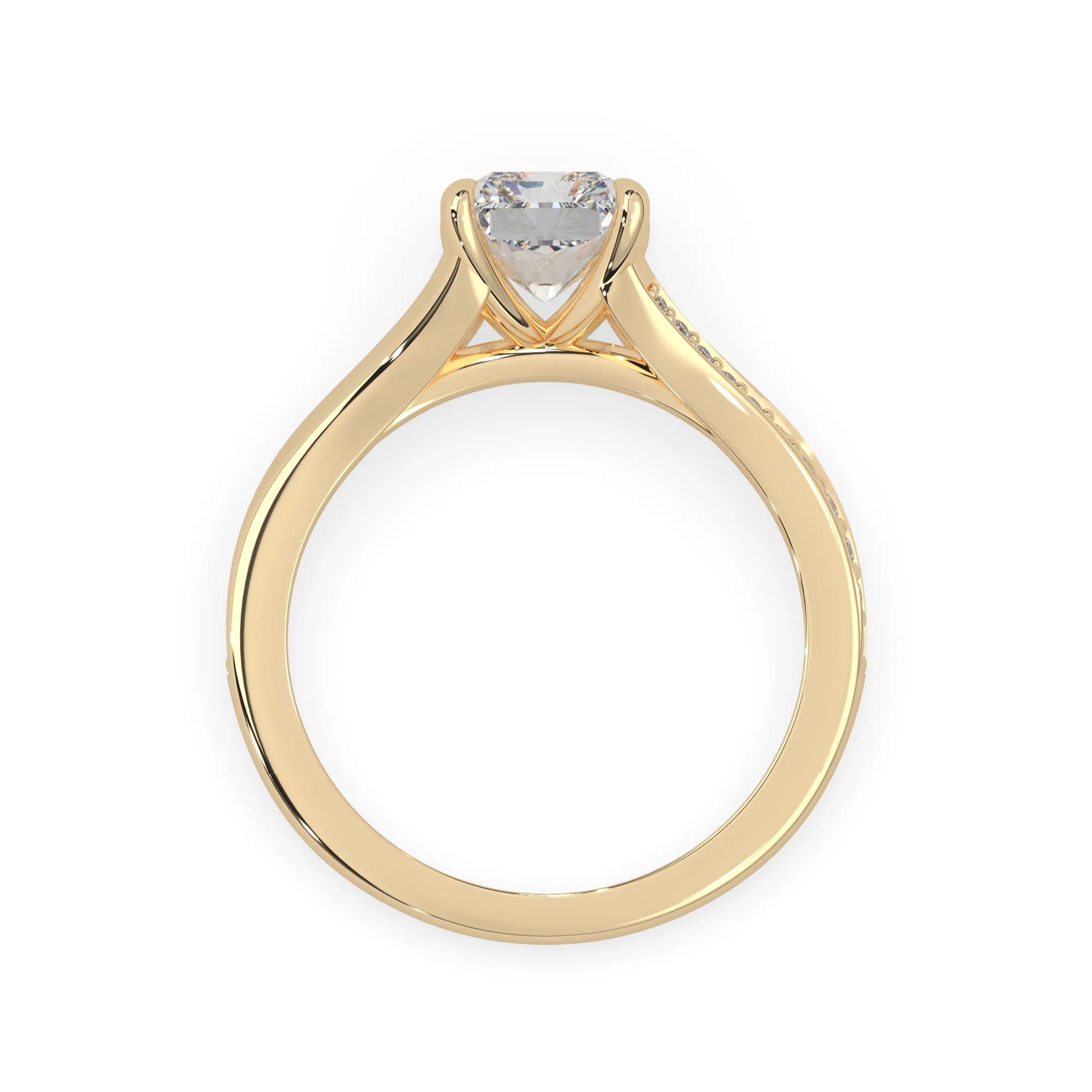 yellow Gold ring with a lab grown  diamond on a white background