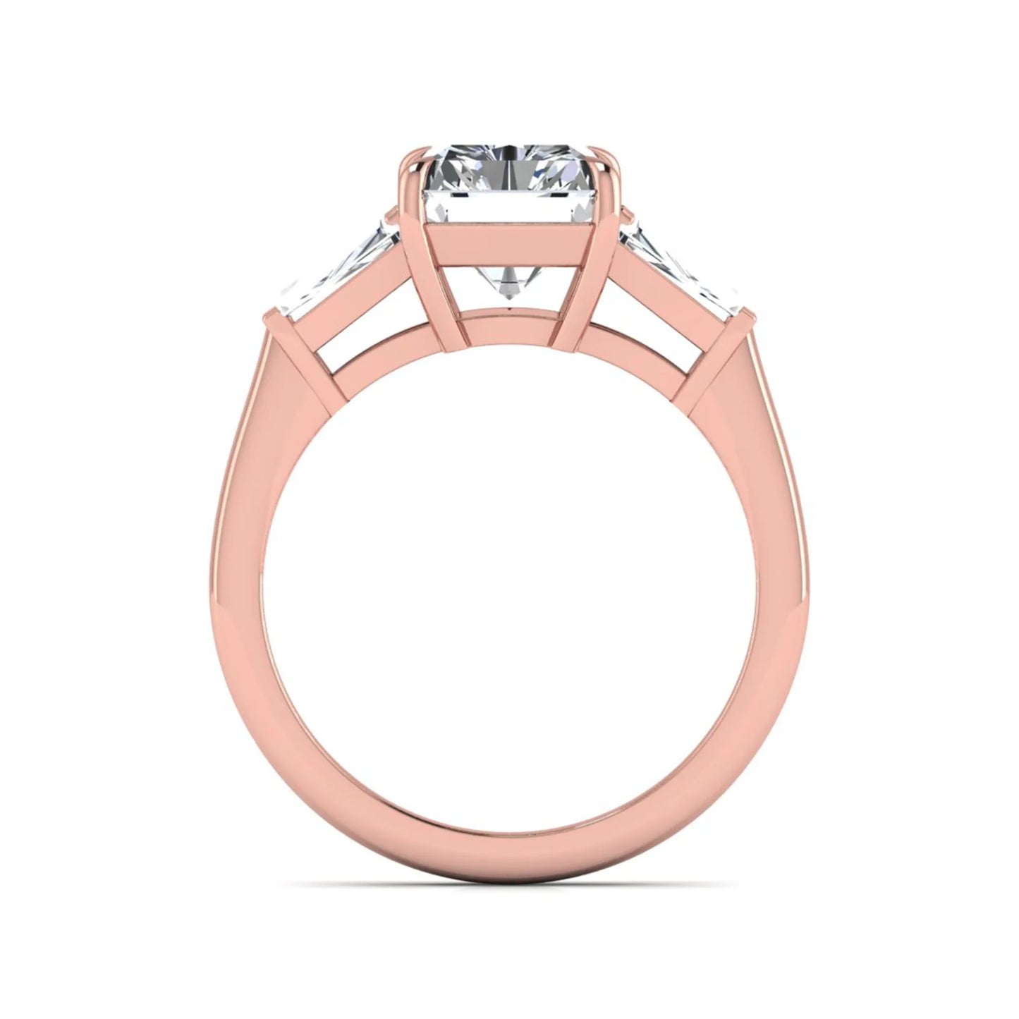 Radiant cut lab grown diamond three stone engagement ring with tapered baguette side diamonds and four prong setting in rose gold tone.