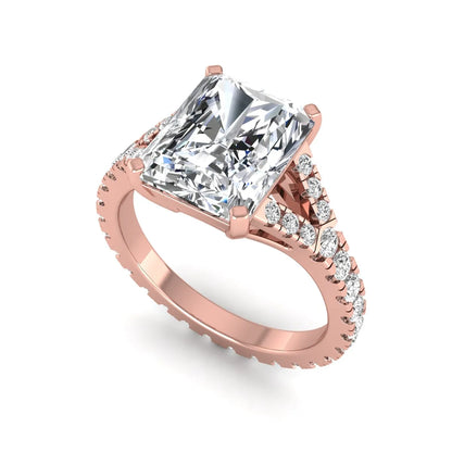 Radiant cut lab grown diamond split shank engagement ring with round accent diamonds in rose gold