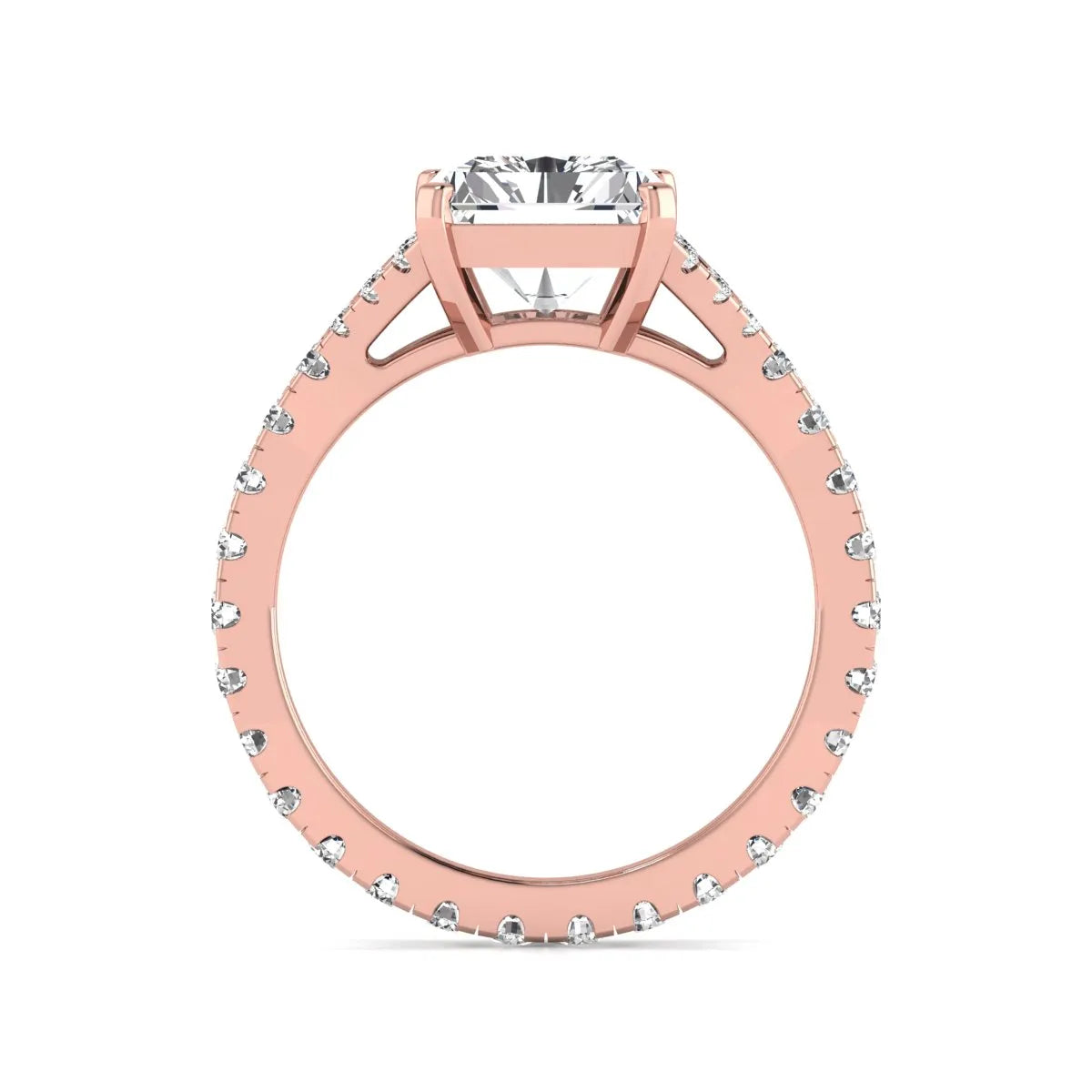Radiant cut lab grown diamond split shank engagement ring with round accent diamonds in rose gold