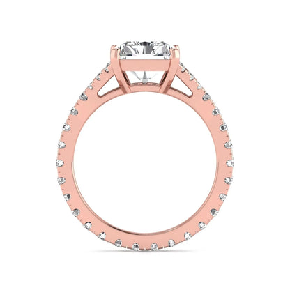 Radiant cut lab grown diamond split shank engagement ring with round accent diamonds in rose gold