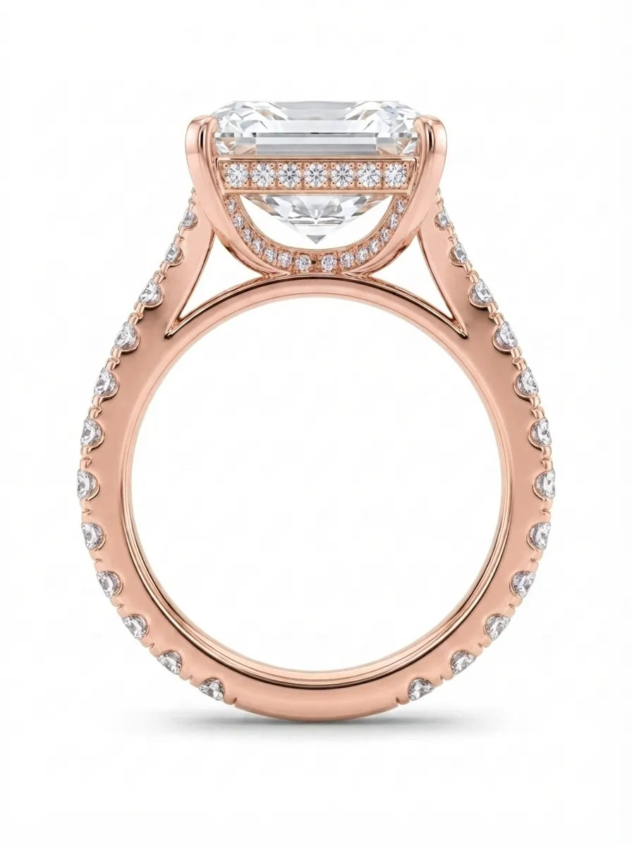 Radiant cut lab grown diamond split shank engagement ring with round accent diamonds in rose gold