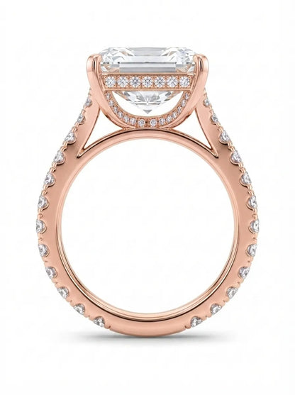 Radiant cut lab grown diamond split shank engagement ring with round accent diamonds in rose gold