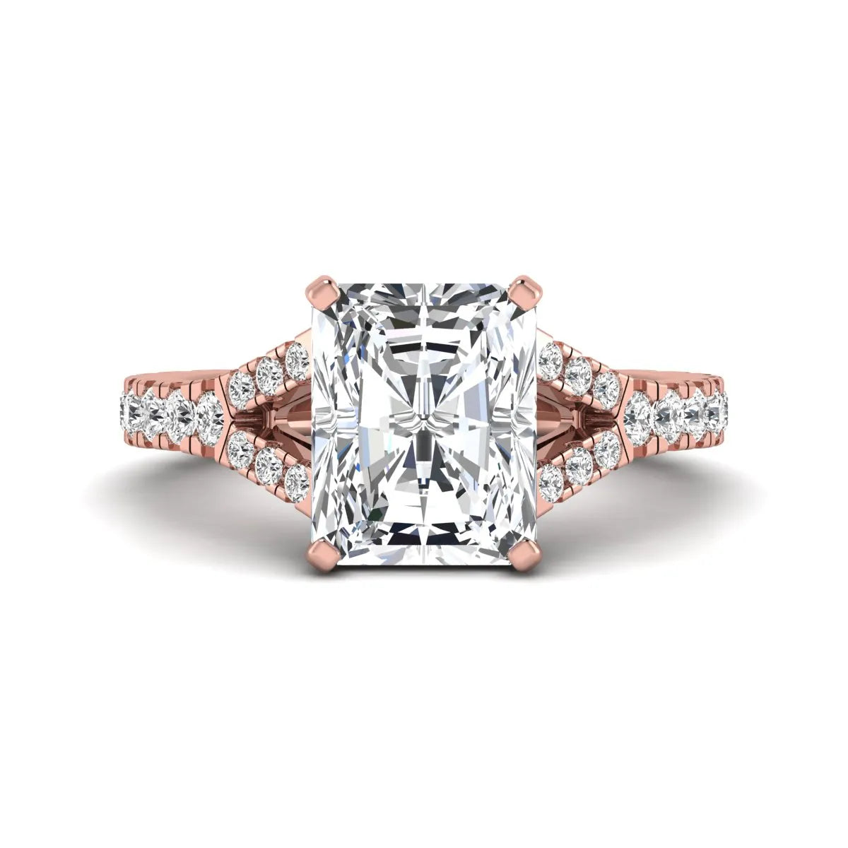 Radiant cut lab grown diamond split shank engagement ring with round accent diamonds in rose gold