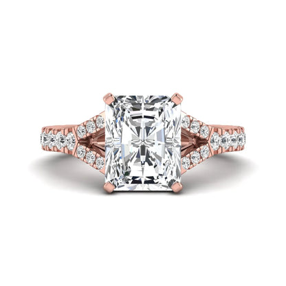 Radiant cut lab grown diamond split shank engagement ring with round accent diamonds in rose gold