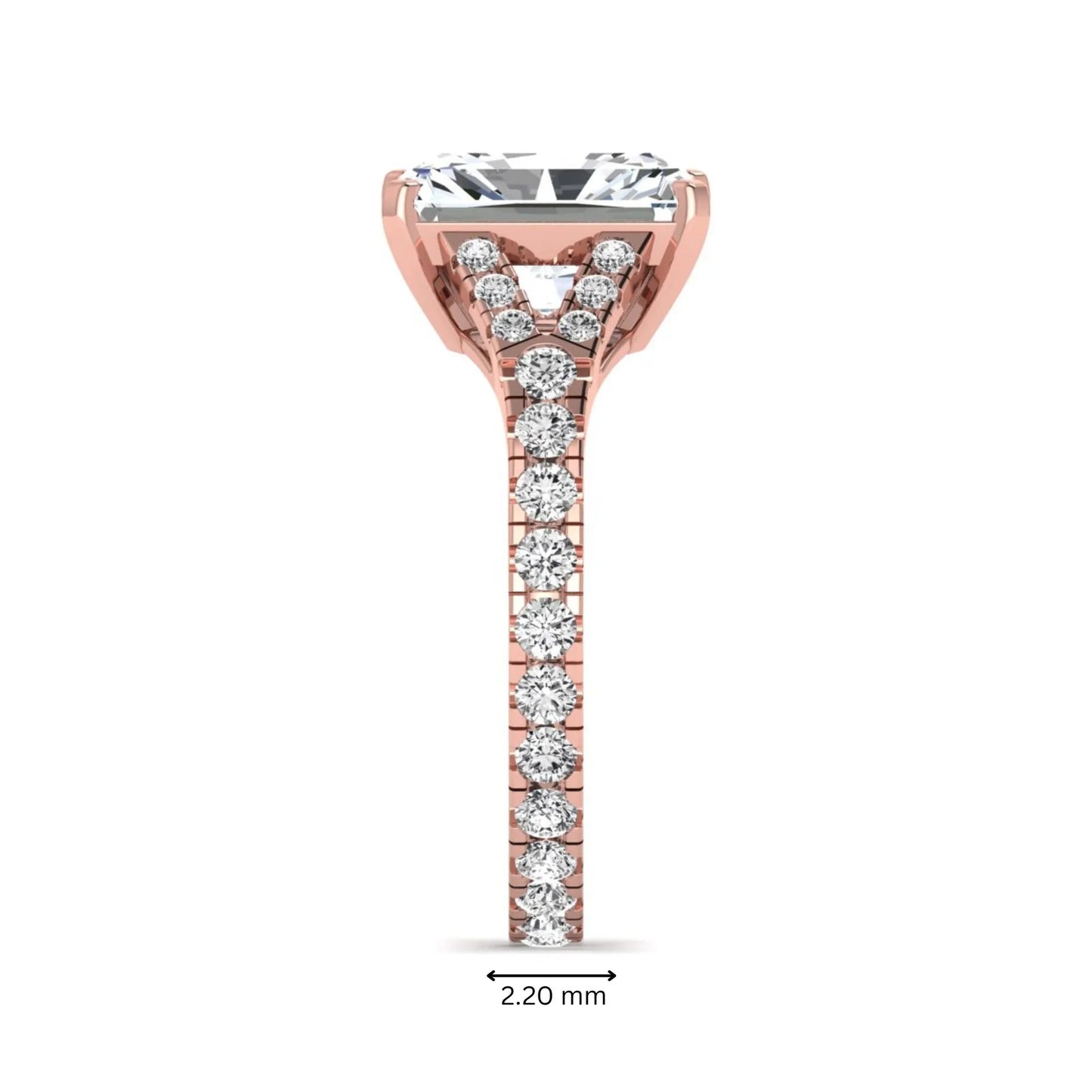 Radiant cut lab grown diamond split shank engagement ring with round accent diamonds in rose gold