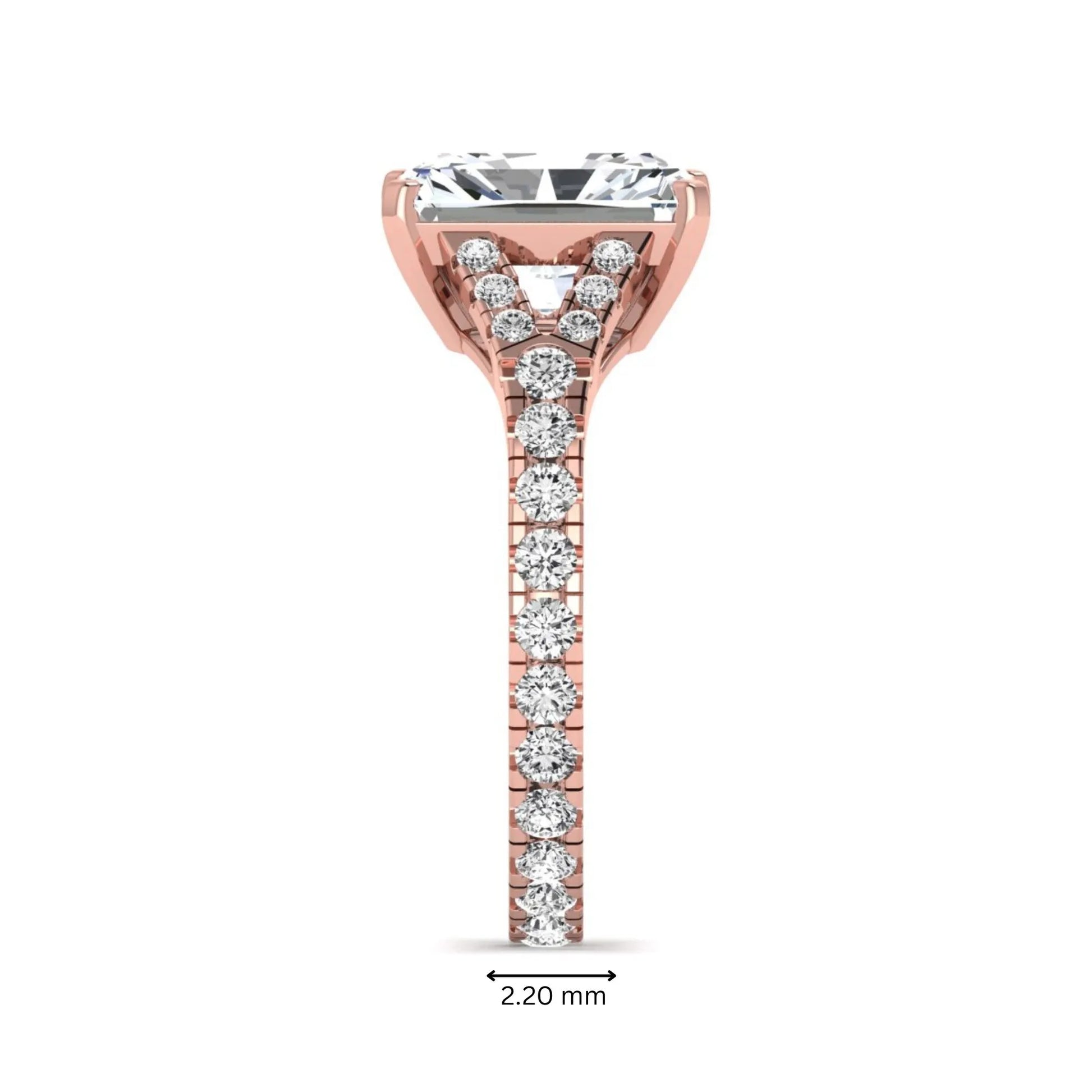 Radiant cut lab grown diamond split shank engagement ring with round accent diamonds in rose gold